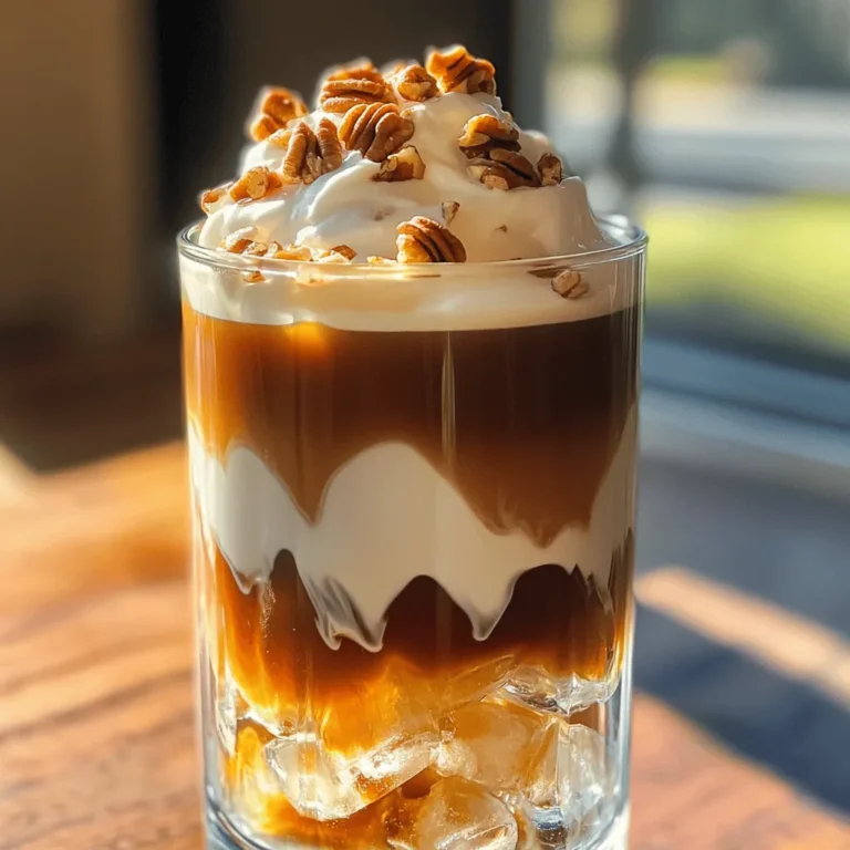 To make a tasty Maple Pecan Cold Brew Latte, you need simple ingredients. Here’s what you will use: - 1 cup cold brew coffee - 1 cup almond milk (or your preferred milk) - 2 tablespoons pure maple syrup - 2 tablespoons pecan butter (or finely chopped pecans for added texture) - 1/2 teaspoon vanilla extract - Ice cubes - Whipped cream (optional for a luscious topping) - Toasted pecans (for a delightful garnish) Each ingredient plays a key role. The cold brew coffee gives a smooth base. Almond milk adds creaminess without being heavy. Maple syrup brings sweetness, while pecan butter adds a rich, nutty flavor. Vanilla extract enhances the overall taste. You can switch ingredients based on your taste. If you don’t have almond milk, try oat or coconut milk. They both add a unique flavor. For a nut-free option, use soy milk. If you want more sweetness, honey or agave syrup works well too. Instead of pecan butter, finely chopped pecans can give you the same nutty taste with added crunch. If you prefer a different flavor, try hazelnut or almond butter as a fun twist. Toppings can elevate your drink. Whipped cream adds a touch of richness and looks nice. You can also sprinkle toasted pecans on top for a crunchy finish. For extra flair, try drizzling more maple syrup over the whipped cream. Feel free to get creative! Adding a dusting of cocoa powder or a few chocolate shavings can make your drink even more special. Enjoy experimenting! To start, you need cold brew coffee. You can buy it or make it at home. If you want to make it, mix ground coffee with cold water. Use a ratio of 1 part coffee to 4 parts water. Let it sit in the fridge for 12 to 24 hours. After steeping, strain the coffee to remove the grounds. You now have smooth and rich cold brew coffee. Next, let's make the creamy base for our latte. In a medium mixing bowl, combine these ingredients: - 1 cup almond milk (or your preferred milk) - 2 tablespoons pure maple syrup - 2 tablespoons pecan butter (or finely chopped pecans) - 1/2 teaspoon vanilla extract Whisk everything together until it's smooth. The maple syrup adds sweetness, while the pecan butter gives a nice nutty flavor. This mix will help create a creamy and delicious drink. Now it’s time to put everything together. Grab a tall glass and fill it with ice cubes. Make sure to pack them in tightly. Pour the cold brew coffee into the glass, filling it halfway. This leaves room for your creamy mix. Slowly drizzle the maple pecan mixture into the coffee. Use a spoon or straw to gently stir. This helps blend the flavors well. If you want to make it extra special, top it with whipped cream. A sprinkle of toasted pecans on top adds a nice touch. Serve your Maple Pecan Cold Brew Latte right away. Enjoy each sip as the flavors dance on your taste buds. For the full recipe, check out the section above. To make great cold brew, start with coarsely ground coffee. Use a coffee-to-water ratio of 1:4 for a smooth taste. Let it steep for 12 to 24 hours in the fridge. The longer it steeps, the richer the flavor. After steeping, strain it well to remove all grounds. A fine mesh strainer or cheesecloth works best. This method gives you a strong and tasty base for your latte. You can mix things up with different flavors. Try adding cocoa powder for a chocolate twist. A pinch of cinnamon brings warmth and spice. You can also swap maple syrup for honey or agave. For a nutty touch, use almond or cashew butter instead of pecan butter. Each option adds a unique twist to your drink. Serve your Maple Pecan Cold Brew Latte in a clear glass. This showcases the lovely layers of coffee and cream. Add a fun straw for a playful touch. For a cozy vibe, enjoy it on a sunny patio or during a lazy brunch. Pair it with a light pastry or some cookies for a perfect snack. {{image_4}} If you want a dairy-free Maple Pecan Cold Brew Latte, it's easy! Just swap regular milk for almond milk or oat milk. These options taste great and keep the drink creamy. You can also try coconut milk for a tropical twist. Each milk brings its own flavor, so feel free to experiment! You can change the flavors in this latte. Want a chocolate twist? Add a tablespoon of cocoa powder to the base mixture. For a spiced kick, sprinkle in some cinnamon. You can even mix in a dash of nutmeg for warmth. Each variation adds a unique taste to the drink, making it fun to try new things. Seasonal flavors can make your Maple Pecan Cold Brew Latte special. In the fall, add pumpkin spice to capture autumn's essence. Just mix in a teaspoon of pumpkin spice with your base. For winter, peppermint extract can give a festive touch. These seasonal changes keep your drink exciting and fresh all year round. For the complete recipe, check out the Full Recipe section. If you have leftover ingredients, it’s best to store them properly. Keep the pecan butter in a clean, airtight jar. Store it in the fridge for up to two weeks. Maple syrup also needs a cool spot. A pantry shelf works, but the fridge is better if opened. Almond milk should stay in the fridge and be used within seven days after opening. Cold brew coffee is great for storing. It lasts about two weeks in the fridge. Just keep it in a sealed container. The flavor stays fresh, so you can enjoy it later. If it starts to taste sour, it’s time to toss it. Always check before you pour! To make mornings easier, prep your Maple Pecan Cold Brew Latte ahead of time. You can make the cold brew coffee a day or two before. Store it in the fridge. Mix the almond milk, maple syrup, and pecan butter in a jar. This way, you just need to combine everything in the morning. It takes only a few minutes! This method helps you enjoy a tasty drink even on the busiest days. For a full guide on how to make this drink, check out the Full Recipe. To make cold brew coffee at home, start with coarsely ground coffee. Use a ratio of one cup of coffee to four cups of cold water. Mix them in a large jar or pitcher. Stir to combine, then cover and let it steep for 12 to 24 hours. After steeping, strain the coffee through a fine mesh sieve or a coffee filter. This method gives you a smooth and less acidic drink. You can store the cold brew in the fridge for up to two weeks. Yes, you can use different milk alternatives in this recipe. Almond milk is a great choice, but you can try oat milk, coconut milk, or soy milk too. Each option brings its own flavor and texture. If you prefer a creamier taste, go for oat milk. For a nutty flavor, almond milk works well. Choose what you enjoy most! The nutritional information for a Maple Pecan Cold Brew Latte will vary based on your choices. However, a typical serving contains about 250 calories. Here’s a rough breakdown: - Calories: 250 - Fat: 10 grams (mostly from pecan butter) - Carbohydrates: 30 grams (from maple syrup and milk) - Protein: 5 grams (from milk and pecans) This drink is a fun treat, offering a sweet taste without too many calories. For more details, check the full recipe. You learned how to make a delicious Maple Pecan Cold Brew Latte. We covered key ingredients, helpful tips, and enjoyable variations. You can tailor the recipe to suit your taste and dietary needs. Remember to store any leftovers properly to keep them fresh. Feel free to experiment with different flavors and toppings. This drink is perfect for a refreshing boost at any time. Enjoy your creation and make it your own!