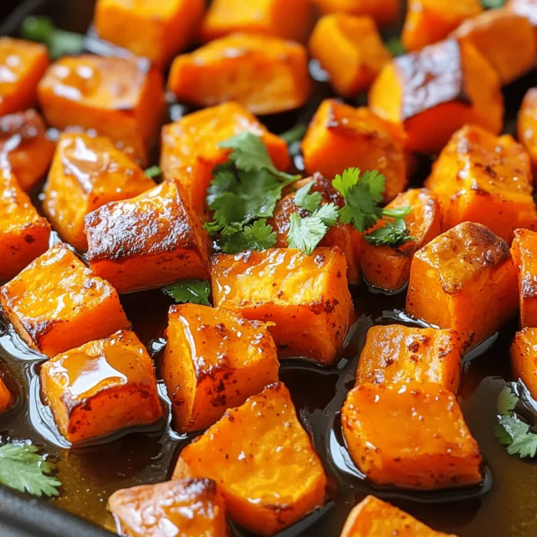 - 4 medium sweet potatoes, peeled and cut into 1-inch cubes - 3 tablespoons olive oil - 2 tablespoons pure maple syrup - 1 teaspoon smoked paprika - 1 teaspoon cayenne pepper (adjust to desired heat) - 1 teaspoon garlic powder - 1 teaspoon salt - ½ teaspoon freshly ground black pepper - Fresh cilantro for garnish You can use different oils if you don’t have olive oil. Avocado oil works great. If you want a sweeter taste but don't have maple syrup, try honey or agave nectar instead. For a mild spice, swap cayenne for paprika or leave it out. Each serving has about 180 calories. Sweet potatoes are high in carbs but low in fat. They also provide fiber and protein. Sweet potatoes are rich in vitamins A and C. They support good vision and a healthy immune system. First, preheat your oven to 425°F (220°C). This heat helps the sweet potatoes roast nicely. While the oven heats, peel and cut four medium sweet potatoes into 1-inch cubes. The smaller pieces cook faster and get crispy. In a large bowl, mix three tablespoons of olive oil with two tablespoons of pure maple syrup. This adds a sweet glaze. Next, in a small bowl, combine one teaspoon of smoked paprika, one teaspoon of cayenne pepper, one teaspoon of garlic powder, one teaspoon of salt, and half a teaspoon of black pepper. Stir these spices together to create a tasty blend. Now, pour the oil and maple mix over the sweet potato cubes. Toss them well so every piece gets coated. Then, sprinkle the spice mix over the sweet potatoes. Toss again to ensure the cubes are evenly coated with the spices. Line a baking sheet with parchment paper. Spread the seasoned sweet potatoes in a single layer on the sheet. Make sure they aren’t too close together; this helps them become crispy. Place the baking sheet in the oven and roast for 25-30 minutes. Halfway through, stir the sweet potatoes to help them cook evenly. They are done when they turn golden brown with crispy edges. Once they are roasted, take the baking sheet out of the oven. Let the sweet potatoes cool for a few minutes to boost their taste. Before serving, sprinkle freshly chopped cilantro over the top for a fresh touch. Enjoy this delicious dish! For more details, check the Full Recipe. To get sweet potatoes that are crispy on the outside and soft on the inside, space is key. When you place the sweet potatoes on the baking sheet, make sure they are not too close together. If they touch, they will steam instead of roast. This will stop them from getting that perfect crispiness. To enhance the crispness, you can try a few things. First, make sure they are dry before you add oil. You can even let them sit for a few minutes after cutting. Also, a little extra olive oil can help. Just don’t drown them—too much will make them soggy. You can boost the flavor by adding herbs or spices. Fresh rosemary or thyme can give a nice herbal taste. You might also try a dash of cinnamon for a sweet twist. Don't forget to mix these in well for even flavor. For a colorful side, mix in other vegetables. Carrots and red bell peppers roast well with sweet potatoes. They add different colors and flavors, making the dish even more appealing. Sweet potatoes pair well with many dishes. Try serving them with grilled chicken or fish. They also go great with salads for a fresh contrast. For presentation, serve the sweet potatoes in a vibrant bowl. You can garnish with extra cilantro and a lime wedge. This not only tastes good but looks beautiful too. You can find the Full Recipe for detailed steps to make this tasty dish! {{image_4}} You can make sweet potatoes even sweeter. Try adding brown sugar or cinnamon. This will enhance their natural sweetness, giving you a dessert-like taste. Another fun option is to mix in fruits like apples or peaches. The fruits add a fresh burst of flavor that pairs well with sweet potatoes. You can also roast apples alongside them for a tasty side dish. If you prefer savory flavors, you have many choices. Use spices like rosemary or thyme to create a savory twist. These herbs add depth and aroma to your sweet potatoes. Mixing them with sautéed onions or garlic can also elevate the dish. The sweet and savory contrast makes for a delightful bite. You don’t have to roast sweet potatoes every time. You can try air frying them for a crispier texture. This method cooks them faster and uses less oil. Another option is to boil them before roasting. This step softens the sweet potatoes and can speed up cooking. You can choose your method based on the texture you want. For the complete recipe, check the Full Recipe section. To store your oven-roasted sweet potatoes, let them cool first. Place them in an airtight container. This helps keep them fresh and tasty. You can store them in the fridge for about 3 to 5 days. If you want to keep them longer, consider freezing. You can reheat sweet potatoes in two main ways: the oven or the microwave. For the oven, preheat it to 375°F (190°C). Place the sweet potatoes on a baking tray. Heat them for about 10-15 minutes. This helps keep them crispy. In the microwave, put the sweet potatoes in a bowl. Heat for 1 to 2 minutes. Check to see if they are warm. If you want them crispy, try using the oven instead. You can freeze cooked sweet potatoes for later use. Make sure they are completely cool before freezing. Place them in a freezer-safe bag or container. They can last for up to 3 months in the freezer. When you're ready to eat them, thaw overnight in the fridge. Reheat them as mentioned above to enjoy their crispy texture again. Roasting sweet potatoes takes about 25 to 30 minutes. The time varies by size. For medium cubes, 25 to 30 minutes works well. If your pieces are larger, you may need 5 to 10 minutes more. Always check for a golden brown color and crisp edges. Yes, you can use other potatoes. White or red potatoes work, but they taste different. Sweet potatoes are sweeter and creamier. Other potatoes have a starchier texture. You may need to adjust cooking times based on the type of potato you choose. Oven-roasted sweet potatoes pair well with many dishes. Try grilled chicken or fish for a tasty meal. They also go great in salads. A fresh green salad with nuts or seeds complements their sweetness. Experiment with your favorite proteins and sides. Yes, sweet potatoes are very healthy. They are high in vitamins A and C. They also provide fiber and antioxidants. Including sweet potatoes in your diet can help support your immune system and improve gut health. They are a great choice for a balanced meal. This recipe is already vegan! It uses olive oil and maple syrup. You can easily keep it vegan without any changes. If you want, you can add more spices or herbs for extra flavor. Feel free to get creative with your seasonings! For the full recipe, check the earlier section. This blog post covers everything you need to know about making delicious oven-roasted sweet potatoes. We discussed the key ingredients, possible swaps, and nutritional benefits. You also learned step-by-step instructions for perfecting texture and flavor. Remember to experiment with variations and serving options to match your taste. Sweet potatoes are a nutritious choice, whether you enjoy them savory or sweet. Now, grab your ingredients and get roasting! Enjoy this tasty dish packed with health benefits.