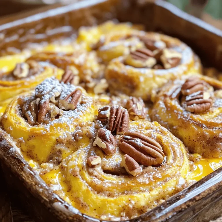 To make a great cinnamon roll casserole, you need these key items: - 2 cans of refrigerated cinnamon rolls (8 rolls each) - 4 large eggs - 1 cup whole milk - 1 teaspoon pure vanilla extract - 1 teaspoon ground cinnamon - 1/4 teaspoon freshly grated nutmeg - 1/2 cup pure maple syrup These ingredients work together to create a sweet, fluffy dish. The eggs and milk add richness. The cinnamon and nutmeg bring warm flavors that make this dish special. You can add extra flavor and texture with these optional ingredients: - 1/2 cup chopped pecans (for crunch) - 1/4 cup powdered sugar (for icing) - 1 tablespoon milk (to thin the icing) These choices make your casserole even more delightful. Pecans give a nice crunch and a nutty taste. If you need to swap ingredients, here are some ideas: - Use almond milk instead of whole milk for a dairy-free option. - Try maple flavoring if you don’t have pure maple syrup. - Substitute walnuts for pecans if you prefer a different nut. These substitutions help you customize the dish to your taste. You can make it your own while keeping the same delicious flavor. For the full recipe, check the [Full Recipe]. Start by preheating your oven to 350°F (175°C). This step is key for even baking. Next, grab a 9x13 inch baking dish. Generously grease it with butter or cooking spray. This helps the casserole come out clean and easy to serve. Open your two cans of refrigerated cinnamon rolls. Carefully cut each roll into quarters with scissors or a knife. Place these pieces evenly in the greased baking dish. In a bowl, whisk together four large eggs, one cup of whole milk, one teaspoon of pure vanilla extract, one teaspoon of ground cinnamon, and a pinch of nutmeg. Mix until it's smooth. Pour this egg mixture over the cinnamon roll pieces. Make sure each piece gets soaked well. Then, drizzle half a cup of maple syrup on top. If you like crunch, sprinkle half a cup of chopped pecans over the mix. Place the baking dish in your preheated oven. Bake for 25 to 30 minutes. The casserole should puff up and turn a golden brown. While it bakes, mix the icing. Combine a quarter cup of powdered sugar with one tablespoon of milk in a small bowl. Stir until smooth. Once the casserole cools for five minutes, drizzle the icing over it. Now, you can slice and serve this delicious dish! For more details, check the Full Recipe. To get a fluffy casserole, use fresh cinnamon rolls. Look for those that are soft and moist. Cut the rolls into quarters. This helps them soak up the egg mixture well. Make sure to whisk the eggs and milk until smooth. A smooth mixture helps everything blend nicely. Bake the casserole at the right temperature, 350°F. This heat helps it rise and get golden. To avoid soggy rolls, don’t let them sit too long in the egg mixture. Pour the mixture over right after whisking. Make sure it soaks evenly but not too long. Also, don’t overdo the maple syrup. Just a drizzle is enough to keep it tasty. You can also add pecans for a nice crunch, which helps with texture. When serving, slice the casserole into squares. You can sprinkle some extra pecans or powdered sugar on top. This makes each piece look fancy. For a fun twist, serve with a side of fresh fruit. Berries or sliced bananas work great. You can even pair it with whipped cream for a treat. This dish is perfect for brunch or family gatherings. You can find the full recipe for more details! {{image_4}} For a sweet twist, try adding chocolate chips. Use the same basic recipe and sprinkle 1 cup of semi-sweet chocolate chips over the quartered cinnamon roll pieces. The chocolate melts and makes each bite rich and gooey. This variation is perfect for kids or anyone with a sweet tooth. If you love apples, this version is for you. Dice 2 cups of fresh apples and add them to the mix. Sprinkle some extra cinnamon on top for a warm, cozy flavor. The apples add a nice texture and a bit of natural sweetness. This version is great for fall gatherings or Sunday brunch. You can enjoy this dish, even if you have nut or gluten allergies. For a nut-free version, simply skip the pecans. For a gluten-free option, look for gluten-free cinnamon rolls. Many brands offer tasty alternatives that work well in this recipe. Just make sure to check the labels to ensure they fit your needs. Try these variations to keep your breakfast exciting! Each one brings its unique taste and charm. For the full recipe, check the earlier section. After you enjoy your cinnamon roll casserole, store any leftovers in an airtight container. Make sure it cools first to keep moisture in. Place it in the fridge for up to three days. If you want to save it longer, consider freezing it. To freeze, let the casserole cool completely. Cut it into pieces for easy serving later. Wrap each piece in plastic wrap tightly. Then, place them in a freezer-safe bag or container. It can last up to three months in the freezer. Just label the bag with the date so you know when it was made. When you’re ready to enjoy your casserole again, take it out of the fridge or freezer. If frozen, let it thaw overnight in the fridge. Preheat your oven to 350°F (175°C). Place the casserole in a baking dish and cover it with foil. Heat for about 15-20 minutes if refrigerated, or 25-30 minutes if frozen. Check to ensure it’s warm throughout. You can also reheat individual pieces in the microwave for 30-60 seconds. Enjoy the warm, gooey goodness! For the full recipe, check out Cinnamon Roll Casserole Delight. Yes, you can make Cinnamon Roll Casserole ahead of time. Prepare the dish, then cover it with plastic wrap. Store it in the fridge for up to 24 hours before baking. This makes mornings easier. Just remember to remove it from the fridge about 30 minutes before baking. This helps it bake evenly. Yes, there is a dairy-free version of the recipe. Use dairy-free milk, like almond or oat milk, instead of whole milk. Choose dairy-free cinnamon rolls as well. Many brands offer tasty options. You can still enjoy all the flavors in this dish without dairy. You can enhance the flavor of the icing in a few ways. Add a splash of vanilla extract for warmth. A pinch of cinnamon can add spice. You might also try maple syrup instead of milk. This gives a nice sweetness and depth to the icing. The best way to serve Cinnamon Roll Casserole is warm. Cut it into squares and place them on plates. Drizzle extra icing over each piece. Garnish with chopped pecans or a dusting of powdered sugar for a lovely look. Serve it with fresh fruit or a scoop of yogurt for extra delight. You learned how to make a delicious cinnamon roll casserole from scratch. We covered essential and optional ingredients, plus substitutions. I shared easy step-by-step instructions for the perfect bake. Tips for a fluffy texture and how to avoid sogginess are key. You also discovered fun variations and storage tips to keep it fresh. This dish is simple, tasty, and great for any occasion. Try it, and enjoy each warm bite!