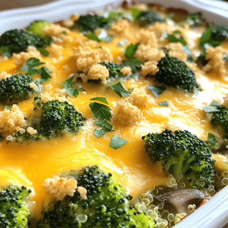 Gather these simple ingredients to make your Cheesy Broccoli Casserole. They are easy to find and full of flavor. - 4 cups fresh broccoli florets - 2 cups shredded sharp cheddar cheese - 1 cup cooked quinoa - 1 cup cream of mushroom soup - ½ cup milk (or a dairy-free alternative) - 1 teaspoon garlic powder - 1 teaspoon onion powder - ½ teaspoon salt - ¼ teaspoon black pepper - 1 cup crushed crackers (like Ritz) - 2 tablespoons olive oil (for greasing) These ingredients make a warm, cheesy dish that everyone will love. The fresh broccoli adds color and health, while the cheese brings a rich taste. You can swap the milk for any dairy-free option if needed. This recipe also allows for creativity; feel free to add your favorite spices or proteins! For the full experience, check the Full Recipe to ensure you don’t miss any flavors. Each ingredient plays a key role in making this casserole delightful. - Preheat oven to 350°F (175°C). - Grease the casserole dish with olive oil. Start by heating your oven. Preheating helps cook the casserole evenly. While the oven heats, take a 9x13 inch casserole dish. Use olive oil to grease the bottom and sides. This step helps the casserole not stick. - Blanch the broccoli florets. - Drain and cool. Next, bring water to a boil in a large pot. Add the fresh broccoli florets. Blanch them for about 3 minutes. They should turn bright green and stay crisp. After three minutes, drain the broccoli and let it cool for a bit. This step locks in color and flavor. - Mix the soup and milk. - Add seasoning and fold in quinoa and cheese. - Combine with broccoli and transfer to baking dish. - Add toppings. In a big mixing bowl, combine cream of mushroom soup and milk. Stir in garlic powder, onion powder, salt, and black pepper. Mix until smooth. Next, fold in cooked quinoa and 1 ½ cups of sharp cheddar cheese. Make sure everything blends well. Now, add the cooled broccoli. Gently fold until the broccoli is coated. Spoon the mixture into your greased casserole dish. Spread it out evenly. For the toppings, sprinkle the rest of the cheddar cheese and crushed crackers on top. The crackers will give a nice crunch. Now, you can place the dish in the oven. Bake for 25-30 minutes. The cheese should bubble and the top should turn golden brown. After baking, let it cool for 5 minutes before serving. This wait helps the flavors come together. For the full recipe, check the complete ingredient list and instructions. To make the best Cheesy Broccoli Casserole, you need to blanch the broccoli well. - How to blanch broccoli effectively: Start by boiling water in a large pot. Once it boils, add your fresh broccoli florets. Let them cook for about three minutes. This step keeps the broccoli bright and crisp. After that, drain it quickly and run it under cold water to stop the cooking. This keeps the color and texture perfect. - Ensuring even cooking of the casserole: Make sure to mix all the ingredients well. When you layer the casserole, spread it evenly in the dish. This way, every bite gets the same cheesy goodness. Don’t skip the final baking step. It helps blend the flavors and heat everything through. Getting that perfect, bubbly cheese top is key to a great casserole. - Tips for getting a bubbly, golden cheese top: Use a mix of cheeses for the best flavor. I love using sharp cheddar. It melts well and adds great taste. Also, sprinkle cheese on top just before baking. This helps it melt and brown nicely. - Choosing the right cheese for flavor: While sharp cheddar is a favorite, you can mix in mozzarella or Gruyere for a creamy texture. Experiment with cheeses to find your ideal blend. Presentation and sides can elevate your casserole experience. - Accompaniments for Cheesy Broccoli Casserole: Serve this casserole with a simple green salad. The freshness of the salad balances the rich flavors. You can also enjoy it with crusty bread for a filling meal. - Ideal garnishes to enhance presentation and taste: For a pop of color, sprinkle fresh parsley or chives on top just before serving. This adds a nice touch and some fresh flavor to the dish. For the full recipe, check out the details above. Enjoy your cooking! {{image_4}} You can make this dish your own. If you want a dairy-free option, use almond or oat milk. Swap cream of mushroom soup for a vegan version or make your own. You can also use gluten-free crackers for a tasty crunch. For a nutrient boost, try other veggies. Cauliflower or carrots work well. You can even add spinach for extra color and nutrition. These swaps keep the casserole delicious and healthy. Want to add protein? Add cooked chicken or turkey. They blend well with the cheese and broccoli. This makes the dish heartier and perfect for a main meal. You can also spice things up. Try adding paprika or a pinch of cayenne for heat. Mix in some Italian herbs for a new flavor twist. These changes give your casserole a fresh take. For the full recipe, check out the Cheesy Broccoli Casserole section. To keep your Cheesy Broccoli Casserole fresh, let it cool down first. Store it in an airtight container. You can also cover it tightly with plastic wrap or aluminum foil. This helps prevent it from drying out. In the fridge, your casserole stays good for up to four days. If you want to save some for later, you can freeze the casserole. Make sure it’s cooled completely before freezing. Use a freezer-safe container or wrap it tightly. It can last for about three months in the freezer without losing taste. When you’re ready to eat it, thaw the casserole in the fridge overnight. Reheat it in the oven at 350°F (175°C) for about 25 minutes. This keeps the cheese nice and melty. Avoid microwaving if you can, as it can make the dish soggy. Enjoy your Cheesy Broccoli Casserole even after storing! For the full recipe, check the earlier sections. What can I serve with Cheesy Broccoli Casserole? You can serve this dish with grilled chicken or a fresh salad. Rice or quinoa also makes a good side. Can I make this casserole ahead of time? Yes, you can prepare it a day before. Just cover it and store it in the fridge. Bake it when you're ready to eat. Is it possible to use frozen broccoli? Absolutely! Just thaw and drain the frozen broccoli before adding it to the mix. This saves time and still tastes great. How can I make it healthier? You can use low-fat cheese and add more vegetables. Swap the cream of mushroom soup for a low-sodium version or make your own. What are the best crackers for the topping? Ritz crackers are my favorite for a buttery crunch. Gluten-free options, like crushed rice crackers, also work well. Can I add more cheese for extra creaminess? Yes! Feel free to mix in more cheese. Just remember to melt it before adding it to the casserole for an even creamier texture. Is Cheesy Broccoli Casserole suitable for vegetarians? Yes, this dish is vegetarian-friendly. It has no meat and is packed with healthy veggies. Can I modify this recipe for vegan diets? You can make it vegan by using dairy-free cheese and plant-based cream soup. Replace milk with almond or oat milk for a great alternative. For the full recipe, check the detailed instructions above. In this post, we explored how to make a tasty Cheesy Broccoli Casserole. We discussed the ingredients, from fresh broccoli to sharp cheddar cheese. The step-by-step instructions help you create it easily. We shared tips for cooking and variations to suit your taste. Finally, we covered storage options and common questions about this dish. Enjoy making this hearty casserole, and don’t hesitate to try different flavors or ingredients. You’ll love how versatile and satisfying it can be!