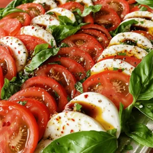 - Ripe tomatoes: Choose juicy varieties like heirloom or vine-ripened. They offer the best flavor. Avoid overripe or mealy options. - Fresh mozzarella cheese: Look for mozzarella packed in water. It should be soft and creamy. Avoid pre-shredded cheese, as it lacks freshness. - Basil leaves: Fresh basil is key. Look for bright green leaves without brown spots. This adds vibrant flavor and aroma. - Other essential ingredients: Use high-quality extra-virgin olive oil for a rich taste. Balsamic reduction gives a sweet and tangy touch. These simple, fresh ingredients make your Caprese salad shine. For the full recipe, check out the Caprese Delight Salad section. To make Easy Caprese Salad, start with the tomatoes. Use ripe tomatoes for the best taste. Slice them into 1/4-inch rounds. A sharp knife helps make clean cuts. Next, slice the fresh mozzarella cheese into rounds that match the tomatoes. This way, you create a lovely look and balance in flavor. Now, take a large serving platter. Arrange the tomato and mozzarella slices in an alternating circle. This pattern makes your dish look appealing. Between each slice, tuck in whole basil leaves. They add flavor and color, making the salad pop. Once arranged, it's time to drizzle. Use extra-virgin olive oil first. Pour it evenly over the salad. This makes every bite rich and tasty. Then, add a drizzle of balsamic reduction. The sweet tanginess contrasts nicely with the fresh ingredients. Now for the final touches. Sprinkle a bit of salt and cracked black pepper over the salad. This enhances all the flavors beautifully. If you like heat, add a pinch of chili flakes. This optional step gives a nice kick. Let your salad sit for about 5 minutes. This resting time helps the flavors blend. It will taste even better when served. The full recipe is a breeze to follow, and the result is a fresh and colorful delight! To make your Caprese salad shine, start with your assembly. Lay out your tomato and mozzarella slices in a circle. This way, it looks pretty and inviting. Tuck basil leaves between the slices. This adds color and flavor, making each bite fresh. Letting the flavors meld is key. After you drizzle olive oil and balsamic reduction, wait five minutes. This allows the juices to mix. The salad will taste even better after resting. Pair your Caprese salad with some toasted artisan bread. This bread is perfect for dipping in the olive oil and balsamic. A light, crisp white wine also goes well. It brings out the fresh flavors. For a beautiful finish, add extra basil leaves around the salad. This gives it an elegant touch. You can also sprinkle some chili flakes for a hint of spice. Enjoy the fresh and colorful Caprese Delight Salad! For the full recipe, check out [Full Recipe]. {{image_4}} You can easily add fun flavors to your Caprese salad. Try adding fruits like avocados or peaches. These fruits add a creamy texture and sweet taste. Avocado gives a smooth feel, while peaches bring a light, juicy burst. Both make your salad unique and delicious. Another twist is to explore different cheeses. Burrata is a fantastic option. It has a soft, creamy center that melts in your mouth. Using burrata instead of mozzarella will elevate the dish. It adds a rich flavor and a beautiful presentation. Homemade dressings can take your salad to the next level. A simple mix of olive oil, lemon juice, and honey adds a fresh twist. This dressing balances the sweetness and acidity. You can also try a yogurt-based dressing for a creamy texture. Experimenting with dressings can change the whole salad. Just keep in mind the balance between acidity and sweetness. You want to make sure the flavors work together. The right dressing can make your salad shine. For the full recipe, check out Caprese Delight Salad . To keep your Caprese salad fresh, store leftovers in an airtight container. This will prevent the ingredients from drying out and losing their flavor. Place the salad in the fridge right after serving. It’s best to eat it within one to two days. After that, the tomatoes may get mushy, and the basil may wilt. If you notice any changes, it’s best to toss it out. You can prepare your Caprese salad ahead of time for parties. Slice the tomatoes and mozzarella, and store them separately. Keep the basil leaves fresh in a damp paper towel. When you are ready to serve, simply arrange everything on a platter. Use glass or plastic containers with tight lids to hold the ingredients. This will help the salad taste fresh and bright when you serve it. For a delicious twist, try adding fresh balsamic right before serving! What can I use instead of mozzarella cheese? If you can't find mozzarella, you can use burrata. Burrata is creamy and rich. Feta cheese also works well if you want a tangy taste. For a dairy-free option, try a nut-based cheese. Can I make Caprese Salad ahead of time? You can prepare the salad a few hours before serving. Just keep the layers separate until serving. This way, the salad stays fresh and the flavors remain bright. If you mix it too early, the tomatoes may get soggy. How do I choose the best tomatoes for my salad? Look for firm, ripe tomatoes. They should feel heavy for their size. Varieties like heirloom or vine-ripened have great flavor. Avoid tomatoes with blemishes or soft spots. Freshness is key for a vibrant Caprese salad. For more details, check out the Full Recipe. In this post, we covered classic Caprese salad. We discussed essential fresh ingredients like ripe tomatoes, mozzarella, and basil. You learned how to slice and arrange these ingredients beautifully. We shared tips for flavor, serving suggestions, and fun variations. Finally, we outlined storage tips for leftovers and meal prep. To enjoy a delicious Caprese salad, focus on quality and presentation. Try new flavors and stay creative! Make this dish your own and share it with friends.
