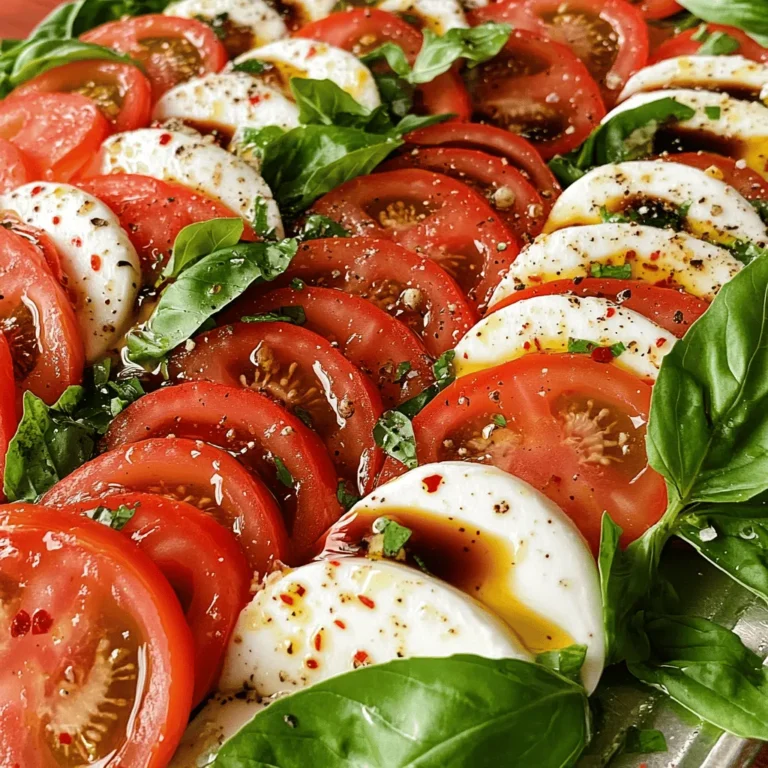 - Ripe tomatoes: Choose juicy varieties like heirloom or vine-ripened. They offer the best flavor. Avoid overripe or mealy options. - Fresh mozzarella cheese: Look for mozzarella packed in water. It should be soft and creamy. Avoid pre-shredded cheese, as it lacks freshness. - Basil leaves: Fresh basil is key. Look for bright green leaves without brown spots. This adds vibrant flavor and aroma. - Other essential ingredients: Use high-quality extra-virgin olive oil for a rich taste. Balsamic reduction gives a sweet and tangy touch. These simple, fresh ingredients make your Caprese salad shine. For the full recipe, check out the Caprese Delight Salad section. To make Easy Caprese Salad, start with the tomatoes. Use ripe tomatoes for the best taste. Slice them into 1/4-inch rounds. A sharp knife helps make clean cuts. Next, slice the fresh mozzarella cheese into rounds that match the tomatoes. This way, you create a lovely look and balance in flavor. Now, take a large serving platter. Arrange the tomato and mozzarella slices in an alternating circle. This pattern makes your dish look appealing. Between each slice, tuck in whole basil leaves. They add flavor and color, making the salad pop. Once arranged, it's time to drizzle. Use extra-virgin olive oil first. Pour it evenly over the salad. This makes every bite rich and tasty. Then, add a drizzle of balsamic reduction. The sweet tanginess contrasts nicely with the fresh ingredients. Now for the final touches. Sprinkle a bit of salt and cracked black pepper over the salad. This enhances all the flavors beautifully. If you like heat, add a pinch of chili flakes. This optional step gives a nice kick. Let your salad sit for about 5 minutes. This resting time helps the flavors blend. It will taste even better when served. The full recipe is a breeze to follow, and the result is a fresh and colorful delight! To make your Caprese salad shine, start with your assembly. Lay out your tomato and mozzarella slices in a circle. This way, it looks pretty and inviting. Tuck basil leaves between the slices. This adds color and flavor, making each bite fresh. Letting the flavors meld is key. After you drizzle olive oil and balsamic reduction, wait five minutes. This allows the juices to mix. The salad will taste even better after resting. Pair your Caprese salad with some toasted artisan bread. This bread is perfect for dipping in the olive oil and balsamic. A light, crisp white wine also goes well. It brings out the fresh flavors. For a beautiful finish, add extra basil leaves around the salad. This gives it an elegant touch. You can also sprinkle some chili flakes for a hint of spice. Enjoy the fresh and colorful Caprese Delight Salad! For the full recipe, check out [Full Recipe]. {{image_4}} You can easily add fun flavors to your Caprese salad. Try adding fruits like avocados or peaches. These fruits add a creamy texture and sweet taste. Avocado gives a smooth feel, while peaches bring a light, juicy burst. Both make your salad unique and delicious. Another twist is to explore different cheeses. Burrata is a fantastic option. It has a soft, creamy center that melts in your mouth. Using burrata instead of mozzarella will elevate the dish. It adds a rich flavor and a beautiful presentation. Homemade dressings can take your salad to the next level. A simple mix of olive oil, lemon juice, and honey adds a fresh twist. This dressing balances the sweetness and acidity. You can also try a yogurt-based dressing for a creamy texture. Experimenting with dressings can change the whole salad. Just keep in mind the balance between acidity and sweetness. You want to make sure the flavors work together. The right dressing can make your salad shine. For the full recipe, check out Caprese Delight Salad . To keep your Caprese salad fresh, store leftovers in an airtight container. This will prevent the ingredients from drying out and losing their flavor. Place the salad in the fridge right after serving. It’s best to eat it within one to two days. After that, the tomatoes may get mushy, and the basil may wilt. If you notice any changes, it’s best to toss it out. You can prepare your Caprese salad ahead of time for parties. Slice the tomatoes and mozzarella, and store them separately. Keep the basil leaves fresh in a damp paper towel. When you are ready to serve, simply arrange everything on a platter. Use glass or plastic containers with tight lids to hold the ingredients. This will help the salad taste fresh and bright when you serve it. For a delicious twist, try adding fresh balsamic right before serving! What can I use instead of mozzarella cheese? If you can't find mozzarella, you can use burrata. Burrata is creamy and rich. Feta cheese also works well if you want a tangy taste. For a dairy-free option, try a nut-based cheese. Can I make Caprese Salad ahead of time? You can prepare the salad a few hours before serving. Just keep the layers separate until serving. This way, the salad stays fresh and the flavors remain bright. If you mix it too early, the tomatoes may get soggy. How do I choose the best tomatoes for my salad? Look for firm, ripe tomatoes. They should feel heavy for their size. Varieties like heirloom or vine-ripened have great flavor. Avoid tomatoes with blemishes or soft spots. Freshness is key for a vibrant Caprese salad. For more details, check out the Full Recipe. In this post, we covered classic Caprese salad. We discussed essential fresh ingredients like ripe tomatoes, mozzarella, and basil. You learned how to slice and arrange these ingredients beautifully. We shared tips for flavor, serving suggestions, and fun variations. Finally, we outlined storage tips for leftovers and meal prep. To enjoy a delicious Caprese salad, focus on quality and presentation. Try new flavors and stay creative! Make this dish your own and share it with friends.