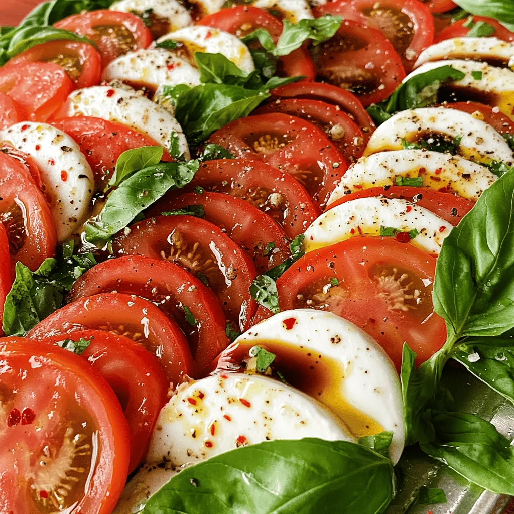 - Ripe tomatoes: Choose juicy varieties like heirloom or vine-ripened. They offer the best flavor. Avoid overripe or mealy options. - Fresh mozzarella cheese: Look for mozzarella packed in water. It should be soft and creamy. Avoid pre-shredded cheese, as it lacks freshness. - Basil leaves: Fresh basil is key. Look for bright green leaves without brown spots. This adds vibrant flavor and aroma. - Other essential ingredients: Use high-quality extra-virgin olive oil for a rich taste. Balsamic reduction gives a sweet and tangy touch. These simple, fresh ingredients make your Caprese salad shine. For the full recipe, check out the Caprese Delight Salad section. To make Easy Caprese Salad, start with the tomatoes. Use ripe tomatoes for the best taste. Slice them into 1/4-inch rounds. A sharp knife helps make clean cuts. Next, slice the fresh mozzarella cheese into rounds that match the tomatoes. This way, you create a lovely look and balance in flavor. Now, take a large serving platter. Arrange the tomato and mozzarella slices in an alternating circle. This pattern makes your dish look appealing. Between each slice, tuck in whole basil leaves. They add flavor and color, making the salad pop. Once arranged, it's time to drizzle. Use extra-virgin olive oil first. Pour it evenly over the salad. This makes every bite rich and tasty. Then, add a drizzle of balsamic reduction. The sweet tanginess contrasts nicely with the fresh ingredients. Now for the final touches. Sprinkle a bit of salt and cracked black pepper over the salad. This enhances all the flavors beautifully. If you like heat, add a pinch of chili flakes. This optional step gives a nice kick. Let your salad sit for about 5 minutes. This resting time helps the flavors blend. It will taste even better when served. The full recipe is a breeze to follow, and the result is a fresh and colorful delight! To make your Caprese salad shine, start with your assembly. Lay out your tomato and mozzarella slices in a circle. This way, it looks pretty and inviting. Tuck basil leaves between the slices. This adds color and flavor, making each bite fresh. Letting the flavors meld is key. After you drizzle olive oil and balsamic reduction, wait five minutes. This allows the juices to mix. The salad will taste even better after resting. Pair your Caprese salad with some toasted artisan bread. This bread is perfect for dipping in the olive oil and balsamic. A light, crisp white wine also goes well. It brings out the fresh flavors. For a beautiful finish, add extra basil leaves around the salad. This gives it an elegant touch. You can also sprinkle some chili flakes for a hint of spice. Enjoy the fresh and colorful Caprese Delight Salad! For the full recipe, check out [Full Recipe]. {{image_4}} You can easily add fun flavors to your Caprese salad. Try adding fruits like avocados or peaches. These fruits add a creamy texture and sweet taste. Avocado gives a smooth feel, while peaches bring a light, juicy burst. Both make your salad unique and delicious. Another twist is to explore different cheeses. Burrata is a fantastic option. It has a soft, creamy center that melts in your mouth. Using burrata instead of mozzarella will elevate the dish. It adds a rich flavor and a beautiful presentation. Homemade dressings can take your salad to the next level. A simple mix of olive oil, lemon juice, and honey adds a fresh twist. This dressing balances the sweetness and acidity. You can also try a yogurt-based dressing for a creamy texture. Experimenting with dressings can change the whole salad. Just keep in mind the balance between acidity and sweetness. You want to make sure the flavors work together. The right dressing can make your salad shine. For the full recipe, check out Caprese Delight Salad . To keep your Caprese salad fresh, store leftovers in an airtight container. This will prevent the ingredients from drying out and losing their flavor. Place the salad in the fridge right after serving. It’s best to eat it within one to two days. After that, the tomatoes may get mushy, and the basil may wilt. If you notice any changes, it’s best to toss it out. You can prepare your Caprese salad ahead of time for parties. Slice the tomatoes and mozzarella, and store them separately. Keep the basil leaves fresh in a damp paper towel. When you are ready to serve, simply arrange everything on a platter. Use glass or plastic containers with tight lids to hold the ingredients. This will help the salad taste fresh and bright when you serve it. For a delicious twist, try adding fresh balsamic right before serving! What can I use instead of mozzarella cheese? If you can't find mozzarella, you can use burrata. Burrata is creamy and rich. Feta cheese also works well if you want a tangy taste. For a dairy-free option, try a nut-based cheese. Can I make Caprese Salad ahead of time? You can prepare the salad a few hours before serving. Just keep the layers separate until serving. This way, the salad stays fresh and the flavors remain bright. If you mix it too early, the tomatoes may get soggy. How do I choose the best tomatoes for my salad? Look for firm, ripe tomatoes. They should feel heavy for their size. Varieties like heirloom or vine-ripened have great flavor. Avoid tomatoes with blemishes or soft spots. Freshness is key for a vibrant Caprese salad. For more details, check out the Full Recipe. In this post, we covered classic Caprese salad. We discussed essential fresh ingredients like ripe tomatoes, mozzarella, and basil. You learned how to slice and arrange these ingredients beautifully. We shared tips for flavor, serving suggestions, and fun variations. Finally, we outlined storage tips for leftovers and meal prep. To enjoy a delicious Caprese salad, focus on quality and presentation. Try new flavors and stay creative! Make this dish your own and share it with friends.