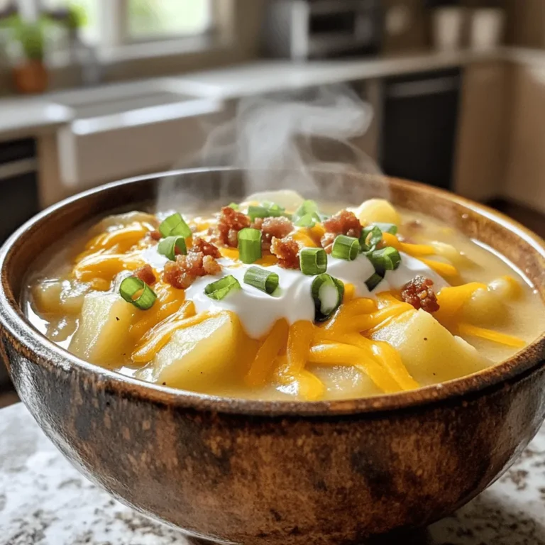 To make Loaded Potato Soup, you will need: - 4 large russet potatoes, peeled and cut into bite-sized cubes - 1 medium onion, finely diced - 2 cloves garlic, minced - 4 cups vegetable broth (preferably low-sodium) - 1 cup whole milk (or a non-dairy alternative if desired) - 1 cup shredded sharp cheddar cheese (plus extra for garnish) - 1/2 cup sour cream (or Greek yogurt for a tangy twist) - 1/4 cup fresh green onions, chopped - 1 teaspoon dried thyme (or 1 tablespoon fresh thyme, finely chopped) - Salt and freshly cracked black pepper, to taste - 4 slices turkey bacon, cooked until crispy and crumbled (optional for added flavor) - 2 tablespoons extra virgin olive oil This list gives you the base for a rich and creamy soup. You can also mix in some optional ingredients to change up the flavor. Consider adding: - Crumbled bacon for extra crunch - Different types of cheese like gouda or mozzarella - Extra veggies like corn or peas Each serving of Loaded Potato Soup has about 300 calories. Here is a breakdown of key nutrients: - Protein: 10 grams - Fat: 15 grams - Carbohydrates: 35 grams This soup is hearty, filling, and a great source of energy. The mix of potatoes and cheese gives it a comforting taste. When you add toppings like bacon and green onions, the flavors really pop. Enjoy this soup as a meal or as a side dish with your favorite bread. For the full recipe, check out the details above and get cooking! To make loaded potato soup, start with your ingredients. Gather everything you need: - 4 large russet potatoes, peeled and cut into bite-sized cubes - 1 medium onion, finely diced - 2 cloves garlic, minced - 4 cups vegetable broth (preferably low-sodium) - 1 cup whole milk (or a non-dairy alternative if desired) - 1 cup shredded sharp cheddar cheese (plus extra for garnish) - 1/2 cup sour cream (or Greek yogurt for a tangy twist) - 1/4 cup fresh green onions, chopped - 1 teaspoon dried thyme (or 1 tablespoon fresh thyme, finely chopped) - Salt and freshly cracked black pepper, to taste - 4 slices turkey bacon, cooked until crispy and crumbled (optional for added flavor) - 2 tablespoons extra virgin olive oil Now, let’s get prepped. Peel and cube the potatoes first. This makes cooking easier. Next, dice the onion finely. Make sure the pieces are small for even cooking. Mince the garlic, too. Fresh garlic adds great flavor. Now, let’s cook! Heat the extra virgin olive oil in a large pot over medium heat. When it’s hot, add the diced onion. Sauté for about 5 minutes until soft and clear. Then, add the minced garlic. Cook it for about a minute until it smells great. Next, add the diced potatoes and thyme. Stir well to mix. Cook for 2-3 minutes. This lets the potatoes soak up the flavors. Now pour in the vegetable broth. Turn up the heat and bring it to a boil. Once it’s boiling, reduce the heat to low. Cover the pot and let it simmer for about 20 minutes. Check the potatoes; they should be fork-tender. After that, it’s blending time! Use a potato masher or an immersion blender. Blend until it’s smooth or just a bit chunky, based on your preference. For a creamier soup, blend it fully. Next, stir in the whole milk and shredded cheddar cheese. Let the cheese melt completely. If the soup is too thick, add more milk until it’s just right. Once the cheese is melted, take the pot off the heat. Mix in the sour cream until it’s creamy. Taste the soup and add salt and pepper as needed. If you want extra flavor, fold in the crumbled turkey bacon now. Serve the soup hot. Ladle it into bowls and garnish with more cheddar cheese, green onions, and a dollop of sour cream. Enjoy this comforting dish! For the full recipe, check the recipe section above. To make your loaded potato soup just right, focus on its texture. You can choose between a creamy or chunky soup. If you want creamy soup, blend it well with an immersion blender until smooth. For a chunky style, mash some potatoes but leave others whole. This gives you a mix of textures that feels good to eat. An immersion blender is a great tool for this. It lets you blend the soup right in the pot. This means less mess and easy cleanup. If you don't have one, you can use a regular blender. Just be careful when transferring hot soup. Adding spices and herbs makes your soup sing. I like using thyme, which adds depth. You can also try garlic powder, paprika, or even a pinch of cayenne for heat. Fresh herbs like chives or parsley can brighten the flavor, too. To adjust the thickness, play with the milk. If you want it creamier, add more whole milk. If it feels too thick, add a little broth. Taste as you go to find your perfect balance. Remember, you can always add but not take away! {{image_4}} You can use many types of cheese to change the taste of your soup. Sharp cheddar cheese is a classic choice, adding a rich and bold flavor. For a milder taste, try using Monterey Jack or mozzarella. If you want a sharper kick, consider using pepper jack cheese. To incorporate cheese, add it at the end of cooking. Stir it in slowly for a smooth finish. This step makes the soup creamy and extra delicious. You can make your Loaded Potato Soup even better with fun add-ins. Fresh veggies like carrots, celery, or bell peppers can add color and crunch. Cooked chicken or ham can boost the protein. If you want a vegan option, skip the dairy. Use coconut milk or almond milk instead. You can add nutritional yeast for a cheesy flavor without the dairy. Mix in some spinach or kale for extra nutrients. These choices keep the soup hearty and full of flavor. For the full recipe, check back to make your own tasty version! To store leftovers, let your Loaded Potato Soup cool down first. Then, pour it into an airtight container. This keeps the soup fresh and tasty. You can refrigerate it for up to 3 days. If you want to keep it longer, freeze the soup. In the freezer, it can last for up to 3 months. Just make sure to leave some space in the container since soup expands when frozen. When reheating, keep the soup's flavor and texture rich. The stovetop is best for this. Pour the soup into a pot and heat over low to medium heat. Stir often to avoid sticking. If you use a microwave, choose a microwave-safe bowl. Heat it in short bursts, stirring in between. This way, the soup warms evenly. You might need to add a splash of milk or broth if the soup thickens too much. Enjoy your soup just as delicious as the first day! What can I substitute if I’m out of certain ingredients? If you run out of russet potatoes, use Yukon gold or red potatoes. These options work well and still taste great. For broth, you can use chicken broth instead of vegetable broth. If you don’t have whole milk, try using almond or oat milk. You can skip the bacon if you want a vegetarian version. How can I make this soup healthier? To make Loaded Potato Soup healthier, use less cheese and sour cream. You can also swap the whole milk with low-fat or plant-based milk. Add more veggies like carrots or spinach for extra nutrition. Using Greek yogurt instead of sour cream can add protein too. What are the best sides to serve with Loaded Potato Soup? Loaded Potato Soup pairs well with a simple green salad or crusty bread. Garlic bread is also a great side, adding flavor and texture. You can even serve it with grilled cheese sandwiches for a fun twist. How to adjust serving sizes for large gatherings? To serve more people, simply double or triple the recipe. Keep the same cooking times, but check if the potatoes are tender. You can also set up a toppings bar with cheese, bacon, and green onions for guests to customize their soup. What is the full recipe for Loaded Potato Soup? The full recipe for Loaded Potato Soup includes ingredients like russet potatoes, onion, garlic, vegetable broth, and cheddar cheese. You can find the complete instructions above to create this delicious dish. Can I make Loaded Potato Soup in advance? Yes, you can make Loaded Potato Soup in advance. Just store it in the fridge for up to three days. When you reheat, stir well to keep the texture smooth. If it thickens, add a splash of milk to loosen it up. Loaded Potato Soup offers rich flavor with simple steps. We explored ingredients, cooking tips, and fun variations. Whether you want creamy or chunky, I’ve shared ways to get it just right. Don’t forget about storage; it keeps well and reheats easily. Enjoy making the perfect soup for any occasion. Experiment with flavors and share your own twists! This soup can be an easy crowd-pleaser. Try it out and make it yours.