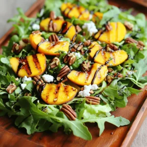 - 4 ripe peaches, halved and pitted - 5 cups mixed greens (a vibrant blend of arugula, spinach, and crisp lettuce) - 4 ounces creamy goat cheese, crumbled - 1/4 cup pecans, toasted to perfection - 1/4 cup rich balsamic glaze - 2 tablespoons extra virgin olive oil - 1 teaspoon natural honey - Preheat the grill to medium-high heat, around 400°F (200°C). - Brush the cut sides of the peaches with olive oil. Sprinkle a pinch of salt on them. - In a large bowl, mix the greens. Make sure they are well combined for color. - Arrange the grilled peaches over the greens. Add crumbled goat cheese and toasted pecans on top. - In a small bowl, whisk together the balsamic glaze, olive oil, honey, salt, and pepper. - Drizzle the dressing over the salad before serving. For the full recipe, refer to the earlier section. Enjoy this delightful salad that combines sweet and savory flavors! Grilling peaches is simple but needs care. To get those perfect grill marks, place the peaches cut-side down on the grill. Grill them for about 4-5 minutes. Check for nice, dark marks before you flip. This timing makes the peaches sweet and juicy. To avoid mushy peaches, choose ripe, but firm peaches. Soft peaches may fall apart when grilled. Brush them with olive oil and sprinkle with salt. This adds flavor and helps them hold shape. Serving your salad on a large platter makes it pop! Arrange the greens first, then place the grilled peaches on top. Scatter crumbled goat cheese over the salad for a beautiful look. Garnishing can add flair. Try adding a few extra toasted pecans for crunch. Fresh thyme leaves also add color and aroma. These touches make your dish look as good as it tastes. To keep your grilled peach salad fresh, store it in an airtight container. Make sure to separate the peaches from the greens. This way, the greens stay crisp. Use the salad within two days for the best taste. For the grilled peaches, let them cool first. Place them in a separate container. You can drizzle a little olive oil to keep them moist. This will help maintain their flavor and texture. Reheating peaches can be tricky. You want to keep their sweetness and texture. Start by placing the peaches in a pan over low heat. Cover the pan with a lid to trap steam. Heat for about two to three minutes until warm. Avoid using a microwave, as it can make the peaches mushy. For the full recipe, check out the detailed steps and enjoy making this delicious salad! {{image_4}} To make the best grilled peach salad, follow these key steps: - Choose ripe peaches. This ensures they are sweet and juicy. - Preheat your grill to medium-high. This helps achieve nice grill marks. - Brush the peach halves with olive oil and sprinkle salt. This enhances flavor. - Grill cut-side down for 4-5 minutes. This caramelizes the sugars for sweetness. - Prepare a base of mixed greens. This adds crunch and color to the salad. - Make a honey dressing. Whisk together olive oil, honey, salt, and pepper for balance. - Assemble the salad. Layer warm peaches, goat cheese, and pecans on greens. - Drizzle with balsamic glaze. This adds richness and depth to the dish. By following these steps, you will create a salad that bursts with flavor and freshness. Using canned peaches can change the texture and taste of the salad. Canned peaches are usually softer and sweeter. Here are some things to consider: - Drain the canned peaches well. This keeps the salad from becoming soggy. - Skip the grilling step. Canned peaches do not need to be grilled. - Adjust the sweetness. Canned peaches may add more sugar to your dish. While fresh peaches bring a unique flavor and texture, canned peaches can work in a pinch. To complete your meal, consider these pairings: - Grilled chicken or shrimp. These proteins complement the salad’s flavors well. - Crusty bread. A slice of bread offers a nice crunch alongside the salad. - A light white wine. Wines like Sauvignon Blanc enhance the peach flavors. - A fruit platter. Fresh fruits can balance the richness of goat cheese. These options create a balanced and satisfying meal that everyone will enjoy. For the full recipe, check out the details above. This blog post explored making a delicious grilled peach salad. We discussed key ingredients, including ripe peaches, mixed greens, goat cheese, and pecans. I walked through step-by-step instructions for grilling peaches, assembling the salad, and making the dressing. We also shared tips for perfect grilling and presentation. With various substitutions and storage tips, you can adapt this recipe to fit your taste. Enjoy crafting your salad while impressing friends with your new skills. This dish combines flavors and texture, making each bite a delight.