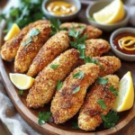 To make crispy baked chicken tenders, you need simple ingredients. Here’s what you’ll use: - 1 lb (450g) boneless, skinless chicken breasts, cut into strips - 1 cup buttermilk - 1 cup breadcrumbs (use panko for an extra crunchy texture) - ½ cup grated Parmesan cheese - 1 teaspoon garlic powder - 1 teaspoon onion powder - 1 teaspoon smoked paprika - ½ teaspoon salt - ½ teaspoon black pepper - 2 tablespoons fresh parsley, finely chopped (for garnish) - Cooking spray or olive oil for a crisp finish These ingredients blend to create a tasty dish. The chicken is juicy inside and crispy outside. Buttermilk makes the chicken tender and flavorful. You can swap some ingredients based on what you have. If you don’t have buttermilk, mix regular milk with vinegar or lemon juice. This creates a similar tangy flavor. For breadcrumbs, any type works, but panko gives the best crunch. You can also use crushed cornflakes or oats if you prefer. If you want a dairy-free option, skip the Parmesan or use a vegan substitute. Choose fresh chicken for the best taste. Look for chicken breasts without any bruises. For breadcrumbs, check for whole grain or gluten-free options if desired. When picking spices, fresh herbs can enhance the flavor. Always read labels for salt and pepper, as some brands might be stronger. These simple tips help you pick the best ingredients. A great dish starts with quality food. For the full recipe, check out the detailed instructions. First, gather your chicken. Use one pound of boneless, skinless chicken breasts. Cut them into strips about one inch wide. This size helps them cook evenly. Next, pour one cup of buttermilk over the chicken. Make sure each strip gets coated well. Cover the bowl with plastic wrap and refrigerate for at least 30 minutes. If you have more time, let them sit for two hours. This marination makes the chicken very tender. While the chicken marinates, prepare the breading. In a separate bowl, combine one cup of breadcrumbs with half a cup of grated Parmesan cheese. Add one teaspoon of garlic powder, one teaspoon of onion powder, and one teaspoon of smoked paprika. Then, mix in half a teaspoon of salt and half a teaspoon of black pepper. Stir everything well until it’s mixed evenly. This blend gives the chicken a tasty and crunchy crust. When your chicken is ready, preheat the oven to 400°F (200°C). Line a baking sheet with parchment paper. Spray it lightly with cooking spray or brush it with olive oil. Remove the chicken from the buttermilk, letting the excess drip off. Dredge each strip in the breadcrumb mixture. Press gently to help it stick. Place the strips on the baking sheet with space between each one. For an extra crunch, spray the tops with cooking spray or drizzle olive oil before baking. Bake for 20 to 25 minutes. Flip them halfway to ensure they cook evenly. When they are golden brown and crispy, they are done. Let them cool for a few minutes, then serve. Enjoy with your favorite dips! For the full recipe, check out the details above. To get your chicken tenders super crispy, use panko breadcrumbs. They create a light and crunchy coating. Make sure to coat the chicken well with the breadcrumb mixture. Press down gently to help it stick. A light spray of cooking oil on top before baking also helps. This adds a golden touch and extra crunch. Marinating your chicken for at least 30 minutes makes a big difference. The buttermilk tenderizes the meat and adds flavor. If you have more time, marinate for up to 2 hours. This extra time allows the chicken to soak in the flavors better. You will taste the difference in every bite. One common mistake is overcrowding the baking sheet. Space the chicken tenders apart to ensure even cooking. Another mistake is skipping the oil spray. This step is key for a crispy finish. Finally, don’t rush the flipping process. Flip the tenders halfway through baking to help them brown evenly. Follow these tips for perfect, crispy baked chicken tenders. For the complete recipe, check the Full Recipe section. {{image_4}} You can easily change the flavor of your crispy baked chicken tenders. Use different spices to make them your own. Here are some ideas: - Cajun seasoning for a spicy kick. - Italian herbs like oregano and basil for a fresh taste. - Curry powder for a warm, exotic flavor. Mix and match to create your perfect blend. Experimenting with spices makes cooking fun! If you need a gluten-free option, don’t worry! You can still enjoy these tenders. Use gluten-free breadcrumbs or crushed cornflakes instead. They give a nice crunch too. Look for brands that are certified gluten-free. This way, you can still savor every bite without worry. These crispy chicken tenders fit any event. For a casual dinner, serve them with fries and coleslaw. At a party, arrange them on a platter with various dipping sauces. You can use honey mustard, ranch, or spicy sriracha. For a family gathering, add a side of fresh veggies and dip. Feel free to get creative! Each occasion can have its own twist. To see the full recipe, check the link above. After making crispy baked chicken tenders, let them cool. Place them in an airtight container. This will keep them fresh for up to three days. If you stack them, put parchment paper between layers. This helps avoid sogginess. To reheat, use the oven for best results. Preheat it to 350°F (175°C). Place the chicken tenders on a baking sheet. Bake for about 10 to 15 minutes. This will help restore their crispiness. You can also use a microwave, but they may not stay crispy. If you want to store them longer, freezing is a good option. First, let the chicken tenders cool completely. Wrap each piece in plastic wrap. Then, place them in a freezer bag. This will keep them fresh for up to three months. When ready to eat, thaw in the fridge overnight. Then, reheat in the oven to enjoy that crispy texture again. For the full recipe, check the earlier section. The best dipping sauces for crispy chicken tenders include honey mustard, BBQ sauce, and ranch dressing. You can also try spicy ketchup or a zesty garlic aioli. Each sauce adds a new layer of flavor. Choose your favorite or mix and match for fun! Yes, you can make crispy baked chicken tenders ahead of time. Cook them as directed and let them cool fully. Then, store them in an airtight container in the fridge for up to three days. Reheat in the oven to keep them crispy. To check if chicken tenders are fully cooked, use a meat thermometer. The internal temperature should reach 165°F (74°C). If you don’t have a thermometer, cut one open. The meat should be white and juices should run clear. Enjoy your crispy baked chicken tenders! For a full recipe, check out the detailed instructions above. This blog post covered all you need for perfect crispy chicken strips, from ingredients to storage. You now know how to choose the right ingredients and make tasty alterations. Follow the step-by-step guide for a great bake, and use the tips for that perfect crunch. Remember the common mistakes to avoid, and your strips will always impress. Store them well for later use, and check the FAQs for extra help. Enjoy your cooking, and share your best results with friends!