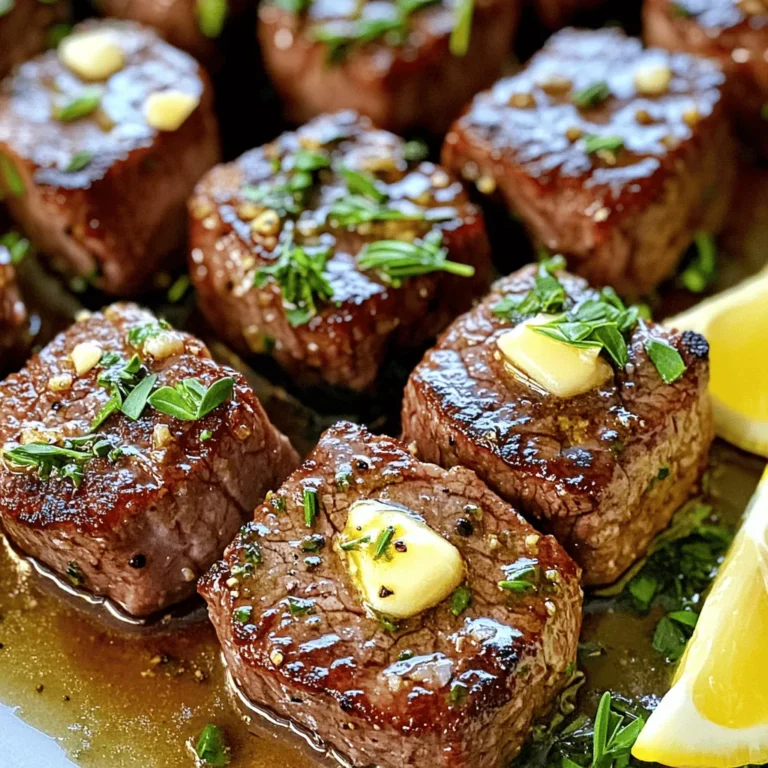 - Sirloin steak (cut into 1-inch cubes) - Unsalted butter - Garlic (minced) - Fresh herbs (rosemary and thyme) To make garlic butter steak bites, start with sirloin steak. It has great flavor and tenderness. Cut it into 1-inch cubes. This size cooks fast and stays juicy. Next, use unsalted butter. It gives a rich taste. Minced garlic adds a punch of flavor. Fresh herbs like rosemary and thyme give it a nice aroma and depth. - Salt and freshly cracked black pepper - Extra virgin olive oil Seasoning is key for great steak bites. Use salt and freshly cracked black pepper. These simple ingredients enhance the steak's flavor. Extra virgin olive oil helps sear the meat. It adds a light fruitiness and helps prevent sticking. - Fresh parsley - Lemon wedges Garnishing makes the dish look appealing. Use fresh parsley, chopped finely. It adds color and freshness. Lemon wedges are great for serving too. A squeeze of lemon brightens the rich flavors of the garlic butter. For the full list of ingredients, check the Full Recipe. Seasoning the cubed steak Start by seasoning your cubed sirloin steak. Sprinkle salt and freshly cracked black pepper on all sides. This step is key for flavor. Make sure every cube has a good amount of seasoning. Let it sit for a few minutes to absorb those flavors. Searing technique for optimal crust Heat a large skillet on medium-high. Add extra virgin olive oil until it shimmers. Place the steak bites in a single layer. Avoid overcrowding the pan; this helps to get a good sear. Cook for about 2 to 3 minutes per side. You want a nice brown crust to form. Once done, remove the steak bites and set them on a plate to rest. Melting butter and adding garlic In the same skillet, lower the heat to medium. Add the unsalted butter and let it melt. Once melted, stir in the minced garlic. This step adds a rich flavor. Cook for 1 to 2 minutes until it smells great. Be careful not to burn the garlic, as it can turn bitter. Incorporating fresh herbs Next, add the finely chopped rosemary and thyme to the melted butter. Stir well to combine. This mixture will bring freshness to the dish. Let it sauté for a bit to let the herbs release their oils. Tossing steak bites in the garlic butter sauce Now it's time to bring everything together. Add the seared steak bites back into the skillet. Toss them in the garlic butter sauce. Ensure each piece is well coated. This step is essential for flavor. Cooking duration for flavor melding Let the steak bites cook in the sauce for another 1 to 2 minutes. This allows the flavors to meld beautifully. Once they are heated through, remove the skillet from the heat. You can find the full recipe for Garlic Butter Steak Bites [here]. Using sirloin steak is a great choice for this recipe. Sirloin has a nice balance of flavor and tenderness. It is also less expensive than other cuts like ribeye or filet mignon. Look for sirloin that has a good amount of marbling. Marbling adds flavor and juiciness. For cooking, cut the steak into 1-inch cubes. This size cooks evenly and stays tender. If the pieces are too big, they may not cook well. Aim for uniformity in size for the best results. To get a nice brown crust, make sure your skillet is hot. Heat your skillet over medium-high heat before adding steak bites. Use a small amount of oil to help with browning. Avoid overcrowding the pan. If you add too many pieces at once, they won’t sear properly. Cook in batches if needed. This way, each bite gets that golden crust we all love. You can add more flavor by mixing in spices or herbs. For a twist, try adding paprika or cayenne pepper for heat. Fresh herbs like oregano or basil also work well. Marinades can add depth too. A simple marinade of olive oil, soy sauce, and garlic can elevate your steak bites. Let the steak sit in the marinade for at least 30 minutes. This helps the flavor soak in more deeply. For the full recipe, check the section above. Enjoy cooking! {{image_4}} You can cook garlic butter steak bites in different ways. Grilling adds a smoky flavor. Just preheat your grill and cook the steak bites over medium-high heat for about 2-3 minutes per side. This method gives you tasty grill marks and a great char. Another option is using a cast-iron skillet. This pan holds heat well. It creates a nice sear on the steak bites. Just follow the same steps as in the original recipe. You'll get a rich flavor from the skillet. To change flavors, try different herbs. Oregano or basil can add a fresh twist. Just chop them finely and mix them into the garlic butter sauce. Each herb brings its unique taste, giving new life to the dish. If you like spice, add crushed red pepper. It gives a kick without overwhelming the dish. Start with a little, then adjust to your taste. You’ll enjoy a flavorful surprise with each bite. You can make a vegan version too. Substitute steak with plant-based protein like tempeh or mushrooms. These options soak up the garlic butter flavor well. For the garlic butter, use a vegan butter alternative. Many brands offer great substitutes. Melt it just like you would with regular butter. This way, even non-meat eaters can enjoy this tasty dish. For the full recipe, check out the complete instructions. To store leftover garlic butter steak bites, let them cool first. Place them in an airtight container. This helps keep them fresh and tasty. Use a container that seals well to avoid air exposure. You can keep them in the fridge for up to three days. When reheating garlic butter steak bites, aim to keep them juicy. The stovetop is best for this. Heat a skillet over medium heat. Add a splash of water or broth to keep them moist. Place the steak bites in the skillet and warm them for about 5 minutes. Stir occasionally to heat evenly. You can use the microwave too, but it's not the best choice. If you do, cover the dish with a damp paper towel. Heat on medium for 30 seconds, then check. Repeat until warm, but don't overcook. To freeze steak bites, first, let them cool completely. Place them in a freezer-safe bag or container. Remove as much air as possible to prevent freezer burn. They will last up to three months in the freezer. When ready to eat, thaw them in the fridge overnight. For a quicker method, use cold water. Place the sealed bag in cold water for about an hour. After thawing, reheat them using the stovetop method for best results. For the full recipe, check out the details provided above! To check if your steak bites are done, use a meat thermometer. The internal temperature should be: - Medium-rare: 130°F (54°C) - Medium: 140°F (60°C) - Medium-well: 150°F (65°C) You can also look for visual cues. The steak should be browned on the outside. When you cut into it, the center should be slightly pink for medium-rare. If it is gray all the way through, it is overcooked. Yes, you can prepare steak bites in advance. Season and sear them, but stop before adding the garlic butter. Let them cool, then store in the fridge. When ready to serve, heat them in a pan. Add the garlic butter mixture at the end for full flavor. Tips for reheating: - Use medium heat to avoid drying out the steak. - Add a splash of broth or water to keep them moist. Garlic butter steak bites pair well with many sides. Here are some great options: - Creamy mashed potatoes - Roasted vegetables - Garlic bread - A fresh green salad For dips and sauces, consider: - Horseradish sauce for a zing - A creamy garlic aioli for richness - Chimichurri for a fresh kick For the full recipe, check out Garlic Butter Steak Bites. Garlic butter steak bites are flavorful and easy to make. We covered the main ingredients, seasoning, and garnishing options. I shared step-by-step instructions and valuable tips for cooking. You can experiment with different cooking methods and flavor combinations. Remember, storage and reheating are key to enjoying leftovers. Whether you use sirloin or try a vegan version, these dishes impress. Enjoy the process and savor the results. Happy cooking!