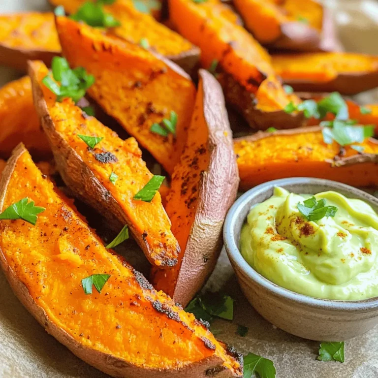 To make crispy sweet potato wedges, gather these items: - 2 large sweet potatoes - 3 tablespoons olive oil - 1 teaspoon garlic powder - 1 teaspoon smoked paprika - 1 teaspoon ground cumin - ½ teaspoon freshly ground black pepper - ½ teaspoon sea salt - Fresh parsley, finely chopped (for garnish) - Optional: Your choice of dipping sauce (such as avocado yogurt or zesty spicy mayo) The sweet potatoes are the star of this dish. I prefer large, firm sweet potatoes. They have the right amount of sweetness and hold their shape well. Olive oil is key too; it helps the wedges become golden and crispy. The spices, like garlic powder and smoked paprika, add a nice kick. Ground cumin gives an earthy flavor. Don't skip the sea salt; it enhances all the tastes. If you want to mix it up, try different spices. You can use chili powder for heat or Italian seasoning for a herby twist. For a sweeter taste, sprinkle some cinnamon. Fresh herbs like rosemary or thyme can also boost the flavor. Experiment with your favorite seasonings to make these wedges your own! Check out the Full Recipe for more ideas. Start by washing the sweet potatoes. Use cold water and scrub them well. This step is key to getting rid of dirt and grime. Next, cut each sweet potato in half lengthwise. From there, cut each half into wedges about 1 inch thick. This size helps the wedges cook evenly. Now, grab a large mixing bowl. Pour in 3 tablespoons of olive oil. Add 1 teaspoon of garlic powder, smoked paprika, and ground cumin. Then, mix in ½ teaspoon of black pepper and sea salt. Stir well until everything blends nicely into a smooth mixture. This flavor blend makes the wedges taste amazing. Preheat your oven to 425°F (220°C). Line a large baking sheet with parchment paper for easy cleanup. Toss the sweet potato wedges in the seasoning mix, ensuring every wedge is coated. Spread the wedges out in a single layer on the baking sheet. Make sure there’s space between them. This allows hot air to circulate and helps them become crispy. Bake for 25-30 minutes. Flip the wedges halfway through for even crispiness. When they turn golden brown, they are ready. Let them cool for a few minutes. Serve your crispy sweet potato wedges hot. For extra fun, add a dipping sauce from the Full Recipe. Enjoy! When making crispy sweet potato wedges, choose firm, smooth sweet potatoes. Look for ones with vibrant orange skin. Avoid soft spots or blemishes. These can affect the taste and texture. Organic sweet potatoes often have richer flavors, so consider them if you can. Cutting sweet potatoes evenly is key to cooking them well. Start by slicing each potato in half lengthwise. Then, cut each half into wedges. Aim for about 1 inch thick. This size helps them cook evenly and become crispy. If you cut them too thin, they may burn. If they are too thick, they might not cook through. To get the best crispiness, use enough olive oil. It helps the wedges crisp up in the oven. Make sure to spread them out on the baking sheet. If they touch, they will steam instead of crisp. Flipping them halfway through cooking also helps them brown nicely. For an extra crunch, try adding cornstarch to the seasoning mix. Enjoy the full recipe for more detailed steps. {{image_4}} You can change the flavor of sweet potato wedges easily. Try adding different spices. For a spicy kick, mix cayenne pepper with your seasoning. If you love herbs, add dried oregano or thyme. You can even go sweet by using cinnamon and a touch of brown sugar. Each variation gives a new taste! Baked sweet potato wedges are a healthier choice than fried ones. Baking uses less oil, making them lower in calories. To bake, follow the full recipe steps. If you prefer fried, use a deep fryer with plenty of hot oil. Frying gives a different texture but adds calories. Baked is still crispy and delicious! Serve your wedges with fun dips. A creamy avocado yogurt adds freshness. Zesty spicy mayo brings heat. You can also try salsa or ranch sauce for a tasty contrast. For a unique twist, offer a sweet dipping sauce like honey or maple syrup. Pairing dips makes each bite exciting! You can store leftover sweet potato wedges easily. Place them in an airtight container. Keep them in the fridge for up to four days. This helps maintain their taste and texture. If you leave them out, they can get soggy. To reheat the wedges, use the oven or an air fryer. Preheat the oven to 400°F (200°C). Spread the wedges on a baking sheet. Heat for about 10-15 minutes until they are warm and crispy again. This method keeps them crunchy. You can also use an air fryer. Set it to 350°F (175°C) for about 5-7 minutes. If you want to keep the wedges for longer, freezing works well. First, let them cool completely. Then, place them in a single layer on a baking sheet. Freeze for about an hour. After that, transfer them to a freezer bag. They can stay fresh for up to three months. To cook frozen wedges, bake them directly from the freezer. Just add a few extra minutes to the cooking time. Enjoy your crispy sweet potato wedges any time! You can find the full recipe for these delicious wedges above. To make sweet potato wedges crispy, start with high heat. Preheat your oven to 425°F (220°C). Cut your sweet potatoes into even wedges. The smaller the wedges, the crispier they get. Toss them in olive oil and spices to coat well. Spread the wedges out on a baking sheet. Leave space between them; this helps with airflow. Flip the wedges halfway through cooking. Bake for 25-30 minutes until they turn golden brown. Yes, you can use other potatoes! Russet potatoes work well for crispy wedges. They have a high starch content and fry up nicely. Red potatoes can also be used, but they may not get as crispy. Yukon Gold potatoes are another tasty option. Each type brings a different flavor, so feel free to experiment! Sweet potato wedges taste great with many sauces. Here are some favorites: - Avocado yogurt - Zesty spicy mayo - Honey mustard - Barbecue sauce - Ranch dressing These dips enhance the sweet flavor of the wedges. Try different ones to find your favorite! For the full recipe, check out the details above. You learned how to make tasty sweet potato wedges. We covered essential ingredients and the perfect baking method. I shared tips for choosing the best sweet potatoes and cutting them evenly. Flavor options let you customize your wedges to your taste. You can also store or reheat leftovers easily. Enjoy experimenting with different seasonings and dips. Sweet potato wedges can be both fun and healthy. Happy cooking!