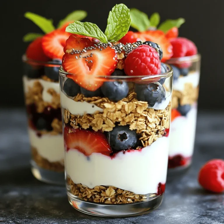 To make a tasty Greek yogurt parfait, you need a few key ingredients. These ingredients give your parfait its flavor and nutrition. Here’s what you need: - 2 cups plain Greek yogurt - 1 cup granola (choose low sugar variety) - 2 cups mixed berries (a delightful variety of strawberries, blueberries, and raspberries) - 2 tablespoons honey or maple syrup (for natural sweetness) - 1 teaspoon vanilla extract (for aromatic flavor) - 1 tablespoon chia seeds (optional but nutritious) - Fresh mint leaves (for a refreshing garnish) These ingredients work together to make a delicious and healthy treat. The Greek yogurt is creamy and rich in protein. The granola adds a crunchy texture, while the berries offer natural sweetness and vitamins. You can boost your parfait with extra ingredients. Here are some fun options: - Nuts (like almonds or walnuts) for added crunch - Seeds (like flaxseeds or pumpkin seeds) for more nutrients - Shredded coconut for a tropical twist - Dark chocolate chips for a sweet bite These add-ins make your parfait even more exciting. You can mix and match to find your favorite flavors. Toppings can change the look and taste of your parfait. Here are some ideas: - Fresh fruit slices (like bananas or kiwi) - A drizzle of nut butter (like almond or peanut butter) - A sprinkle of cinnamon for warmth - A dollop of nut yogurt for extra creaminess Try different toppings each time you make your parfait. This keeps your treat fresh and fun. You can find the full recipe in the earlier section. Enjoy crafting your healthy Greek yogurt parfaits! Start by gathering your ingredients. You will need plain Greek yogurt, honey or maple syrup, and vanilla extract. In a medium bowl, mix the yogurt with two tablespoons of honey or maple syrup. Add one teaspoon of vanilla extract. Use a whisk or spatula to blend until smooth. This will be your creamy base. Take your serving glasses or bowls. Begin by adding a generous 1/4 of the yogurt mixture at the bottom of each glass. Next, sprinkle in 2-3 tablespoons of granola over the yogurt. This adds a nice crunch. Then, add 1/2 cup of mixed berries on top of the granola. You can use strawberries, blueberries, and raspberries for variety. Repeat this layering until you fill your glasses. Always end with a layer of berries for a beautiful finish. For a lovely presentation, use clear glasses. This lets the colorful layers show through. Garnish each parfait with fresh mint leaves to add a touch of elegance. Serve immediately to enjoy the freshness. If you want to chill them, refrigerate for up to 2 hours. You can find the full recipe in the article. Enjoy your healthy Greek yogurt parfaits! When picking Greek yogurt, look for brands that say "plain" on the label. This means no added sugars or flavors. Check the fat content too. Full-fat yogurt is creamy and rich, while low-fat is lighter. I prefer using low-fat for a healthier option. Always choose yogurt with live cultures for probiotics. These good bacteria help your gut stay healthy. Honey is a great choice for sweetening your parfait. It adds a lovely floral taste. Maple syrup is another option. It gives a unique, earthy flavor. Both sweeteners are natural and better than refined sugar. Use about two tablespoons to start. You can adjust based on your taste. If you want it sweeter, just add a little more! Experimenting with flavors makes yogurt parfaits fun. Try adding a pinch of cinnamon for warmth. You can also mix in some cocoa powder for a chocolate twist. Want a tropical vibe? Add some coconut flakes and pineapple. The key is to play with what you love. Layer different fruits, nuts, and seeds for more variety. Your parfait can be a new creation each time! {{image_4}} You can change your parfaits with seasonal fruits. In spring, use fresh strawberries and cherries. They add bright colors and sweet flavors. In summer, mix in peaches or blueberries. These fruits are juicy and refreshing. Fall is perfect for apples and pears, adding a crisp texture. Winter brings citrus fruits like oranges or grapefruits. Their zesty taste helps brighten the cold months. Want a crunch? Add nuts and seeds to your parfaits. Almonds, walnuts, or pecans provide healthy fats. They also add a nice crunch. You can sprinkle them between the yogurt layers. Chia seeds or flaxseeds are also great options. They boost nutrition without changing the taste much. Just be sure to use them sparingly for the best texture. If you prefer vegan options, you can still enjoy parfaits! Swap Greek yogurt for coconut yogurt or almond yogurt. These dairy-free choices are creamy and delicious. Use maple syrup instead of honey for sweetness. You can use the same fruits and nuts as before. This way, everyone can enjoy a tasty parfait! For more details, check out the Full Recipe. To keep your Greek yogurt parfaits fresh, store them in airtight containers. This method helps prevent spills and keeps flavors intact. If you plan to make these in advance, layer the yogurt, granola, and berries separately. This way, the granola stays crunchy and does not get soggy. When stored properly, parfaits can last up to 2 days in the fridge. After that, the berries may lose their texture, and the yogurt might separate. If you notice any changes, it’s best to toss them. Always check for any signs of spoilage before eating. You can freeze Greek yogurt parfaits for longer storage. However, I suggest keeping the granola separate until you're ready to eat. To freeze, place the parfaits in freezer-safe containers. They can last up to a month in the freezer. When you're ready, let them thaw in the fridge overnight. Greek yogurt is packed with protein. It helps build and repair muscles. Each serving can have up to 20 grams of protein. This makes it a great choice for breakfast or snacks. Greek yogurt also has probiotics. Probiotics are good for your gut health. They help keep your digestive system working well. Plus, it is lower in sugar than regular yogurt. This means you can enjoy it without the extra calories. Yes, you can use flavored Greek yogurt. It can add extra taste to your parfait. Just watch the sugar content. Flavored yogurts often have added sugars. This can make your parfait sweeter than you want. If you prefer more control over sugar, stick to plain yogurt. You can always add fresh fruit or honey for natural sweetness. To lower the sugar in this recipe, follow these tips: - Skip the honey or maple syrup. The berries already add sweetness. - Choose low-sugar granola. This can help cut down on added sugars. - Use plain yogurt. This has no added sugars compared to flavored options. - Add more fruit. Fresh berries give sweetness without the extra sugar. With these tweaks, you can still enjoy a tasty and healthy parfait! For a complete guide, check out the Full Recipe. Healthy Greek yogurt parfaits are easy to make and fun to eat. This blog shows you the best ingredients and tips to create perfect parfaits. You learned about essential ingredients, flavor combinations, and tasty toppings. I shared step-by-step instructions to help you layer and serve. Remember, you can use seasonal fruits or nuts for variety. Keep your parfaits fresh with the right storage tips. Enjoy experimenting with sweeteners and flavors. With these ideas, you can make tasty and healthy treats all year. Dive into this fun and delicious journey!