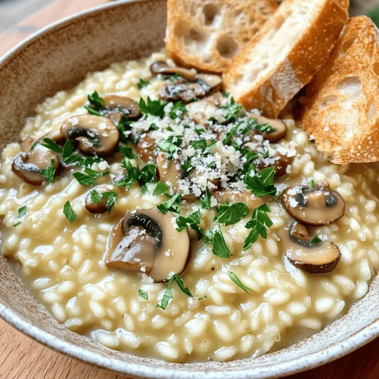 - 1 cup Arborio rice - 4 cups vegetable broth - 2 tablespoons olive oil - 1 tablespoon unsalted butter - 1 medium onion, finely chopped - 3 cloves garlic, minced - 2 cups mixed mushrooms (button, shiitake, and cremini), chopped - 1/2 cup grated Parmesan cheese (or nutritional yeast for vegan) - 1/4 cup fresh parsley, finely chopped - Salt and freshly ground pepper to taste - 1 teaspoon truffle oil (optional) - For a vegan option, use nutritional yeast instead of Parmesan cheese. - If you need gluten-free, check your broth and rice brands. Arborio rice is usually gluten-free. - Low-sodium broth is a great choice for a healthier dish. You can make your own broth too. The right ingredients make all the difference in your mushroom risotto. Using Arborio rice gives you that creamy texture you want. The combination of different mushrooms adds depth and flavor. Don't forget to taste your dish as you cook. Adjust seasoning to your liking! If you want to take things up a notch, truffle oil adds a rich touch. For the full recipe, check out the complete guide. To start, you need to prepare the broth. In a medium saucepan, bring 4 cups of vegetable broth to a gentle simmer. Once it simmers, reduce the heat to low. Keeping the broth warm is key for risotto. If you add cold broth, it stops the cooking process. The rice won't cook evenly, and you won't get that creamy texture. Next, it’s time to sauté your base. In a large skillet, heat 2 tablespoons of olive oil and 1 tablespoon of unsalted butter over medium heat. When the butter melts, add 1 medium finely chopped onion and 3 minced garlic cloves. Cook for 3-4 minutes. You want the onion to be soft and clear. Then, add 2 cups of mixed mushrooms—button, shiitake, and cremini. Cook for about 5-7 minutes. Stir often. The mushrooms should soften and lose most of their moisture. Now, let’s toast the rice. Add 1 cup of Arborio rice to the skillet. Stir well to coat the rice with the mushroom mixture. Toast the rice for about 2 minutes. You want it to look slightly clear. This step is crucial because it helps the rice absorb the broth better, giving you that creamy texture later. Time to add broth! Use a ladle to pour in the warm vegetable broth, one scoop at a time. Stir the rice as you add the broth. Wait until the rice absorbs most of the broth before adding more. This technique takes about 18-20 minutes. You’ll know the risotto is ready when the rice is tender but still has a slight bite. It should look creamy and luscious. For the complete recipe, check [Full Recipe]. To make your risotto creamy, stir often. This movement helps release starch from the rice. Use a wooden spoon for the best control. Always add warm broth gradually. This way, the rice absorbs the liquid slowly. Avoid pouring in too much broth at once. It can make your risotto too watery. If you notice sticking, lower the heat and stir more. To boost flavor, use fresh herbs like thyme or rosemary. A pinch of nutmeg can add warmth too. The cheese plays a big role in taste. Parmesan adds a salty, nutty flavor. For a richer touch, drizzle truffle oil at the end. This makes the risotto feel fancy and adds depth. Do not overcook the rice. It should be al dente, not mushy. Keep an eye on the cooking time. Also, avoid adding too much liquid at once. This can ruin the creamy texture. Instead, keep your broth warm and add it slowly. This method will help you achieve the perfect risotto. For the full recipe, check the section above. {{image_4}} Mushroom risotto is a dish that you can change based on the season or your mood. Here are some fun ways to mix it up. You can add seasonal vegetables to your risotto. In spring, try peas or asparagus for freshness. In summer, add zucchini or bell peppers for a bright touch. In fall, roasted pumpkin or squash adds warmth. Winter calls for hearty greens like kale or spinach. Each season brings new flavors and colors to your dish. Specialty mushrooms can change the taste too. Try using wild mushrooms like chanterelles or morels for a unique flavor. If you want a richer taste, use porcini mushrooms. Mixing different mushrooms gives you a range of textures and tastes. When exploring Italian-inspired variations, consider adding saffron for a classic risotto alla Milanese. This gives the dish a lovely golden hue and a distinct flavor. You can also mix in cheese like gorgonzola or pecorino for a different twist. For some unique ideas, you can create seafood risotto by adding shrimp or scallops. Chicken risotto is another hearty option. Just add cooked chicken pieces to the mix. These variations keep the dish exciting and full of flavor. If you want a vegan or vegetarian option, simply swap the butter and cheese for plant-based alternatives. Nutritional yeast can replace cheese to add a cheesy taste without dairy. For those on a low-carb diet, you can use cauliflower rice instead of Arborio rice. It gives you a similar texture while cutting down on carbs. This way, everyone can enjoy mushroom risotto, no matter their dietary needs. For the full recipe, check out the Mushroom Medley Risotto section above. To keep your mushroom risotto fresh, follow these steps: - Refrigeration: Place leftover risotto in an airtight container. Make sure it cools down to room temperature first. Store it in the fridge for up to 3 days. - Freezing: For longer storage, you can freeze risotto. Portion it into freezer-safe bags or containers. Remove as much air as possible to prevent freezer burn. It can last up to 2 months in the freezer. When it’s time to enjoy your leftovers, here’s how to reheat risotto effectively: - Stovetop Method: Place the risotto in a skillet over medium-low heat. Add a splash of broth or water to help it loosen up. Stir often for even heating. - Microwave Method: Transfer risotto to a microwave-safe bowl. Add a little broth or water. Cover the bowl with a lid or microwave-safe wrap. Heat in short bursts, stirring in between, until warm. To restore creaminess after refrigeration, always add a bit of liquid while reheating. This gives the risotto its smooth texture back. Enjoy your meal with a sprinkle of fresh parsley or extra cheese for a lovely finish. For the full recipe, check the Mushroom Medley Risotto section. Making mushroom risotto takes about 40 minutes. You need 10 minutes to prep and 30 minutes to cook. This includes all the steps from sautéing the base to adding broth. Yes, you can prep some parts ahead. Chop the onions and mushrooms the night before. Keep them in the fridge. This saves time when you are ready to cook. Just remember, risotto tastes best fresh. Mushroom risotto pairs well with many dishes. Here are some ideas: - Grilled chicken - Roasted vegetables - A fresh green salad - Garlic bread These sides add balance and flavor to your meal. A common mistake is adding too much broth at once. This can make the risotto too soupy. Always add broth gradually. Stir it well and wait until the rice absorbs most of it. This helps achieve that creamy texture. Yes, you can use other rice types, but results may vary. You can use Carnaroli or Vialone Nano for similar creaminess. If you want a lighter option, try using sushi rice. Just know that non-Arborio rice may take different cooking times. In this article, we covered the key ingredients for a delicious mushroom risotto, explored step-by-step cooking methods, and discussed helpful tips to achieve a creamy texture. Remember, using warm broth and gradually adding it to the rice is crucial. Pay attention to common mistakes to elevate your dish. Don't shy away from making variations based on seasons or dietary needs. With these insights, you’ll craft a perfect risotto every time. Embrace your inner chef and enjoy this rich, comforting meal.