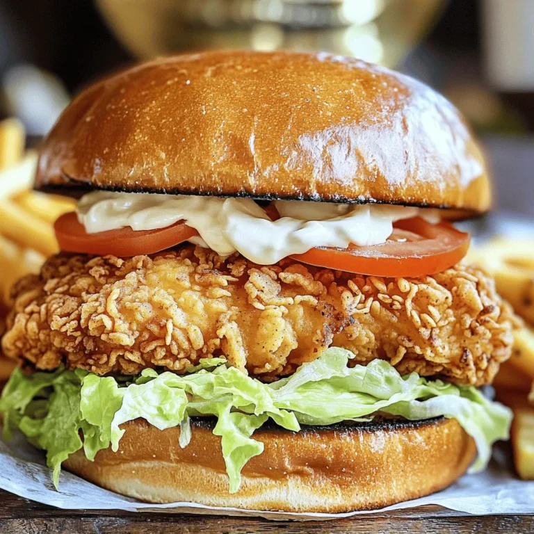To make the best crispy chicken sandwich, gather these key items: - 2 boneless, skinless chicken breasts - 1 cup buttermilk (or 1 cup milk with 1 tablespoon vinegar added) - 1 teaspoon smoked paprika - 1 teaspoon garlic powder - 1 teaspoon onion powder - 1 teaspoon cayenne pepper (optional, for a spicy kick) - 1 cup all-purpose flour - 1 teaspoon salt - 1 teaspoon freshly ground black pepper - Vegetable oil (for frying) - 4 brioche or hamburger buns - 1 cup shredded lettuce (preferably iceberg for crispness) - 1 ripe tomato, sliced - Mayonnaise or your favorite sandwich sauce You can customize your sandwich by adding these fun options: - Pickles for a tangy crunch - Avocado slices for creaminess - Sliced jalapeños for extra heat - Cheese, like cheddar or pepper jack, for richness - Coleslaw for added texture and flavor The right toppings make your sandwich shine. Consider these: - Classic mayonnaise for richness - Spicy aioli for a kick - BBQ sauce for sweetness - Mustard for a tangy bite - Ketchup for a classic touch This list of ingredients will help you create a delicious crispy chicken sandwich. For the complete cooking process, check the Full Recipe. Start by making the marinade. In a bowl, mix buttermilk, smoked paprika, garlic powder, onion powder, and cayenne pepper. This blend adds flavor and helps tenderize the chicken. Place the chicken breasts in this mix. Make sure they are fully submerged. Cover the bowl with plastic wrap. Refrigerate for at least 1 hour. For best results, marinate overnight. This step is key to juicy chicken. Next, make the coating. In a shallow dish, combine flour, salt, and black pepper. Mix well to spread the seasonings evenly. This coating gives the chicken its crispy texture. Once the chicken is done marinating, it's time to dredge. Remove each piece from the marinade. Let the extra marinade drip off. Dredge the chicken in the flour mix. Press down lightly for an even coat. Shake off any extra flour to avoid clumps. Frying requires the right temperature. Pour vegetable oil into a large skillet. Aim for about 1/4 inch deep. Heat the oil over medium-high heat. It should shimmer when hot, around 350°F. Use a thermometer if you have one. Carefully add the coated chicken to the oil. Avoid overcrowding the pan. Fry each side for about 5-7 minutes. Look for a golden brown color. The chicken should reach an internal temperature of 165°F. After frying, use a slotted spatula to transfer the chicken to paper towels. This helps drain excess oil. Let the chicken rest for a few minutes to keep it juicy. For the full recipe, check out the detailed steps provided. To get your chicken super crispy, follow these key steps: - Use buttermilk: This adds moisture and flavor. - Double coat: Dredge in flour, dip back in buttermilk, then coat again in flour. - Rest the chicken: Let the coated chicken sit for 10-15 minutes before frying. This sets the coating. - Fry at the right temperature: Aim for 350°F (175°C) to ensure a golden crust. Avoid these common errors to keep your sandwich top-notch: - Overcrowding the pan: This lowers oil temperature and makes the chicken soggy. - Skipping marination: Marinating adds flavor and tenderness. Don’t rush this step. - Using cold oil: Always make sure your oil is hot before adding chicken. Oil can make or break your crispy chicken: - Choose the right oil: Use vegetable oil or canola oil for high smoke points. - Monitor oil temperature: Use a thermometer for accurate readings. - Careful frying: Gently place chicken in oil to avoid splatter. Keep a safe distance. - Drain properly: After frying, let the chicken rest on paper towels to absorb excess oil. For the full recipe, check out the details above. Enjoy your cooking! {{image_4}} If you like heat, add cayenne pepper to your chicken coating. This spice gives the chicken a nice kick. You can also mix in hot sauce with the buttermilk. This will infuse more flavor. Top your sandwich with pickled jalapeños for extra spice. For a healthier option, try baking or air-frying the chicken. Coat the chicken as usual but skip the frying oil. Place the chicken on a baking sheet. Bake it at 400°F for about 20-25 minutes. This method keeps the chicken crispy without added fat. You can also use whole wheat buns and add more veggies. Take your sandwich to new heights by trying different flavors. For a Chipotle twist, add chipotle sauce and avocado. If you want an Asian style, mix soy sauce and ginger into the marinade. Top with slaw made from cabbage and carrots. These variations offer exciting flavors while keeping the crispy chicken intact. For the full recipe, check the Crispy Chicken Sandwich Delight section above. To keep your crispy chicken sandwich fresh, store the components separately. Place the chicken in an airtight container. This will keep it from getting soggy. Store the buns in a paper bag or wrap them in foil. This helps maintain their softness. Keep any toppings, like lettuce and tomato, in a separate container. This keeps them crisp and fresh too. When reheating the chicken, use the oven for best results. Preheat it to 375°F (190°C). Place the chicken on a baking tray. Heat for about 10 to 15 minutes. This helps regain its crispiness. You can also use an air fryer. Set the air fryer to 350°F (175°C) and cook for 5 to 7 minutes. This keeps the chicken hot and crispy. Cooked chicken can last in the fridge for 3 to 4 days. Buns are best used within 2 days for freshness. Store any leftover toppings in the fridge as well. They will usually last for about 3 days. If you want to keep the chicken longer, consider freezing it. It can last up to 3 months in the freezer without losing flavor. To keep your chicken crispy, follow a few key steps. First, marinate the chicken well. The buttermilk adds moisture and flavor. Use a good amount of flour for coating. Make sure to press the flour onto the chicken. This helps create a thick crust. Frying at the right temperature is also crucial. If the oil is too cool, the chicken will absorb it and become soggy. A hot oil temperature of around 350°F is best. Fry each piece without crowding the pan. This allows the heat to circulate and keeps the coating crisp. After frying, let it rest on paper towels. This drains excess oil and keeps it crunchy. Yes, you can use chicken thighs! They can be juicier and more flavorful than breasts. Thighs have more fat, which adds taste. Just make sure to adjust the cooking time slightly. Thighs might take a bit longer to cook through. Aim for an internal temperature of 165°F to ensure they are safe to eat. Pair your crispy chicken sandwich with tasty sides. Here are some ideas: - French fries - Sweet potato fries - Coleslaw - Potato salad - Mixed green salad - Pickles Each of these sides complements the sandwich well. They add color and flavor to your meal. Enjoy your crispy chicken sandwich with your favorite sides! For the full recipe, check out the Crispy Chicken Sandwich Delight . This blog post walks you through making a crispy chicken sandwich. We covered key ingredients, from marinating the chicken to frying it just right. I shared tips for extra crispiness and offered variations that fit different tastes. Proper storage and reheating tips ensure leftovers stay great. Remember, small changes make a big difference. With these steps, you can create a delicious sandwich that impresses every time. Enjoy your cooking journey!