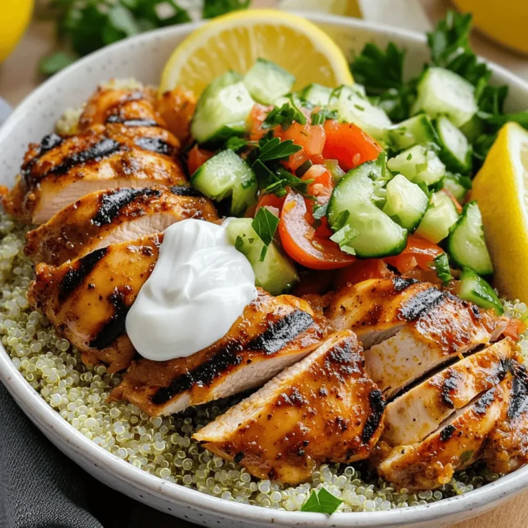 To create a Chicken Shawarma Bowl, you will need the following ingredients: - 2 boneless, skinless chicken thighs - 2 tablespoons olive oil - 2 cloves garlic, minced - 1 teaspoon ground cumin - 1 teaspoon ground coriander - 1 teaspoon smoked paprika - ½ teaspoon ground turmeric - ½ teaspoon ground cinnamon - ½ teaspoon cayenne pepper (adjust to taste) - Salt and freshly cracked black pepper to taste - 1 large cucumber, diced - 1 large tomato, diced - ½ red onion, thinly sliced - 1 cup cooked quinoa or rice - ½ cup plain Greek yogurt - Juice of 1 lemon - Fresh parsley, chopped (for garnish) Not all ingredients are a must. You can swap some for what you have: - Chicken thighs can be replaced with chicken breast. - Olive oil may be changed to avocado oil for a different taste. - Greek yogurt can be swapped for sour cream or plant-based yogurt. - Quinoa can be replaced with brown rice or couscous. - For a kick, you might use harissa instead of cayenne pepper. Each ingredient in your Chicken Shawarma Bowl adds flavor and nutrition: - Chicken thighs provide protein and iron, which support muscle health. - Olive oil offers healthy fats that can reduce inflammation. - Garlic can boost your immune system and adds a strong flavor. - Cumin and coriander are full of antioxidants, promoting good health. - Paprika and turmeric have anti-inflammatory properties and add depth of flavor. - Cucumbers are hydrating and low in calories, perfect for freshness. - Tomatoes are rich in vitamins C and K, plus they taste great. - Red onion adds flavor and contains antioxidants. - Quinoa is a complete protein, full of fiber and essential amino acids. - Greek yogurt is high in protein and probiotics, aiding digestion. - Lemon juice adds vitamin C and fresh taste, brightening the dish. - Parsley is packed with vitamins A, C, and K, adding color and health benefits. Using these ingredients makes for a healthy, tasty meal. For the full recipe, check out the details provided. Start with a large mixing bowl. Add 2 tablespoons of olive oil. Then, add 2 cloves of minced garlic. Next, add 1 teaspoon of ground cumin and 1 teaspoon of ground coriander. Sprinkle in 1 teaspoon of smoked paprika. Add ½ teaspoon of ground turmeric, ½ teaspoon of ground cinnamon, and ½ teaspoon of cayenne pepper. Adjust the cayenne to your heat preference. Finally, season with salt and fresh black pepper. Whisk until all the ingredients blend well. Once mixed, add 2 boneless, skinless chicken thighs. Make sure each piece gets well coated. Cover the bowl with plastic wrap or a lid. Place it in the fridge for at least 30 minutes. For more flavor, let it sit for up to 2 hours. While the chicken marinates, preheat your grill or a frying pan. Set it to medium-high heat until it gets hot. Place the marinated chicken thighs on the grill or in the pan. Cook them for about 5-7 minutes on each side. Use a meat thermometer to check the internal temperature. It should be 165°F (75°C). Once cooked, take the chicken off the heat. Let it sit for a few minutes before slicing it into strips. In a separate bowl, mix together 1 diced cucumber, 1 diced tomato, and ½ a thinly sliced red onion. Squeeze fresh lemon juice over this mix and season with salt and pepper. Toss gently until combined. Now, it's time to build your bowls. Start with a base of 1 cup of cooked quinoa or rice. Place the sliced chicken on top. Add a scoop of your cucumber-tomato salad next. Drizzle ½ cup of plain Greek yogurt over everything. Finish with a sprinkle of chopped parsley for color. This process brings together rich flavors and fresh ingredients. For more details, you can check the Full Recipe. When cooking chicken shawarma, you have two great options: grilling or pan-frying. Grilling adds a smoky flavor that makes the chicken taste amazing. It also gives you nice grill marks. If you grill, preheat your grill to medium-high heat. Cook the chicken for 5-7 minutes on each side. Pan-frying is easy and fast. Use a non-stick pan to keep the chicken from sticking. Heat the pan over medium-high heat. Add a little olive oil before cooking. This method helps keep the chicken juicy. Both methods work well, so choose what you like best. Marinating is key for tasty chicken shawarma. A good marinade adds flavor and tenderness. For best results, marinate your chicken for at least 30 minutes. If you have more time, let it sit for up to 2 hours. Make sure to coat the chicken well with the marinade. Use a large bowl to mix all the marinade ingredients, then add the chicken. Cover the bowl with plastic wrap and refrigerate. This time allows the spices to soak in deeply. Serving chicken shawarma bowls is fun and easy. Start with a base of cooked quinoa or rice. This adds a nice texture. Next, layer the sliced chicken on top. Add a fresh cucumber-tomato salad for crunch and color. Drizzle creamy Greek yogurt over the dish. This adds creaminess that balances the spices. Finally, sprinkle with fresh parsley and lemon wedges. Bright, colorful dishes make your meal look appealing. Enjoy the vibrant flavors! For the full recipe, check out the details above. {{image_4}} You can make a tasty vegetarian or vegan shawarma bowl. Use marinated tofu or tempeh instead of chicken. Try chickpeas for a protein boost. Season them with the same spices as the chicken. Roast until crispy for added flavor. You can also add grilled vegetables like bell peppers and zucchini. This gives your bowl a nice crunch and color. If you want to switch up your protein, consider lamb or beef. Both can be marinated and cooked like chicken. Grilled shrimp is another great option. The spices work well with seafood, too. You can even mix proteins for fun flavors. Try using a combination of chicken and beef for a hearty bowl. If you need gluten-free options, focus on your base. Quinoa and rice are great choices. You can also use cauliflower rice for a low-carb option. Just make sure your sauces and yogurt are gluten-free. Many brands offer gluten-free products now. This way, everyone can enjoy a delicious chicken shawarma bowl without worries. For the full recipe, check the earlier section and start cooking! To keep your chicken shawarma bowls fresh, store them in airtight containers. Separate the chicken from the salad and yogurt for best results. This keeps the flavors intact and prevents sogginess. You can store them in the fridge for up to three days. Label your containers with the date. This way, you’ll know when to eat them. When it’s time to enjoy your leftovers, heat them gently. You can use a microwave or a stovetop. If using a microwave, cover the container to retain moisture. Heat in short bursts, stirring in between. If using a stovetop, warm the chicken in a pan over low heat. Add a few drops of water to keep it juicy. Avoid overheating, as it can dry out the chicken. For long-term storage, freezing is a great option. Portion out the chicken and salad into freezer bags. Remove as much air as possible before sealing. You can freeze the chicken for up to three months. The salad and yogurt do not freeze well, so eat those fresh. When ready to eat, thaw the chicken overnight in the fridge. Reheat it as mentioned above. Enjoy your flavorful chicken shawarma bowls anytime! For the full recipe, check out the main article. Chicken Shawarma comes from the Middle East. It has roots in Turkey and Lebanon. The dish features marinated meat that cooks on a vertical spit. It gains flavor from spices and herbs. People usually serve it in pita bread or as a bowl. Shawarma is popular worldwide. It offers a tasty blend of spices that warms the heart and satisfies hunger. To make Chicken Shawarma Bowls spicy, adjust the cayenne pepper. You can add more than the recipe calls for. Start with a little and taste as you go. You can also use chili powder for more heat. Another option is to add fresh jalapeños or harissa. These will bring a nice kick to your dish. Just remember, start small and build up the heat to your liking. Yes, you can switch out quinoa or rice for other grains. Try using couscous, bulgur, or farro. These grains add unique textures and flavors. They also provide a different nutritional profile. Make sure to cook them according to package instructions. Each grain will give your Chicken Shawarma Bowls a new twist. Explore and find your favorite combination! Chicken shawarma bowls are a tasty and easy meal that anyone can make. We covered key ingredients, cooking steps, and tips to enhance flavor. I also shared ways to customize your bowls for different diets. Remember to store leftovers properly for later enjoyment. This dish offers a fun way to explore flavors while being nutritious. Enjoy making your own shawarma bowls and share them with friends. It’s a great recipe to impress and enjoy together. Dive into this delicious meal and savor every bite!