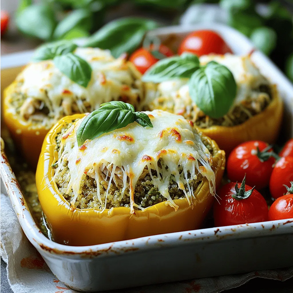 To make these tasty pesto chicken stuffed peppers, you will need: - 4 large bell peppers (choose any vibrant color: red, yellow, or green) - 2 cups cooked chicken, shredded - 1/2 cup basil pesto (store-bought or homemade) - 1 cup cooked quinoa (or substitute with rice) - 1/2 cup cherry tomatoes, halved - 1/2 cup mozzarella cheese, shredded (plus a bit more for topping) - 1/4 cup grated Parmesan cheese - Salt and freshly ground black pepper to taste - Fresh basil leaves, for garnish If you have dietary needs, here are some options: - For a vegetarian version, swap chicken with chickpeas or black beans. - Use cauliflower rice instead of quinoa or rice for a low-carb meal. - If you are lactose intolerant, try dairy-free cheese instead of mozzarella and Parmesan. - You can make your own pesto using nuts like walnuts or sunflower seeds for nut allergies. To prepare these stuffed peppers, gather these tools: - A baking dish to hold your peppers - A mixing bowl for combining ingredients - A spatula or spoon for mixing - A knife for slicing the peppers - Aluminum foil to cover the dish while baking With these ingredients and tools, you're ready to create a delicious meal that everyone will love! For the full recipe, check the provided details above. First, preheat your oven to 375°F (190°C). A hot oven helps the peppers cook well. Next, slice the tops off the bell peppers. Remove seeds and membranes carefully. Stand each pepper upright in a baking dish. This keeps them stable while baking. In a large mixing bowl, combine the shredded chicken, basil pesto, cooked quinoa, and halved cherry tomatoes. Add half of the shredded mozzarella cheese. Use a spatula or spoon to mix until well combined. This mixture creates a tasty filling. Taste the mix and season with salt and pepper to your liking. Now, spoon the chicken and quinoa filling into each pepper. Press down gently to pack it in securely. This ensures each bite is full of flavor. Sprinkle the reserved mozzarella and grated Parmesan cheese on top. This adds a nice cheesy layer. Cover the baking dish with aluminum foil. This keeps the peppers moist during cooking. Bake in the preheated oven for 25 minutes. After that, remove the foil. This allows the cheese to brown nicely. Bake for another 10 to 15 minutes. Check that the peppers are fork-tender and the cheese is melted and golden. Once they are done, take the dish out of the oven. Let the peppers cool for a few minutes. This helps avoid burns when serving. For a fresh touch, garnish each pepper with basil leaves just before serving. This adds color and flavor. Enjoy your delicious pesto chicken stuffed peppers! You can find the full recipe [here](#). To get tender peppers, pick large ones. They should be ripe and free from blemishes. Before you stuff them, slice off the tops and remove seeds. This helps them cook evenly. Bake them covered for the first part. This keeps moisture in. For the last few minutes, uncover them to let the tops brown. The oven is my favorite for cooking these stuffed peppers. It gives even heat that makes the peppers soft. You can also grill them for a smoky flavor. If you use a slow cooker, they will cook gently. Just adjust the time accordingly. Each method gives a unique taste, so try what you like best! Salt and pepper are key to great flavor. Season your filling well before stuffing the peppers. Taste it first! A dash of garlic powder adds depth. You might also try adding crushed red pepper for some heat. Fresh herbs like basil or oregano brighten the dish. Explore different spices to find your perfect mix. For the full recipe, check the link! {{image_4}} You can switch out the chicken if you want. Turkey works well, too. It has a similar texture and flavor. If you want something lighter, try shredded pork or beef. These meats blend nicely with pesto and add a new taste. Pesto is not just about basil! You can use different herbs. Try making pesto with spinach, arugula, or kale. Each herb brings its own twist. You can also use sun-dried tomatoes for a rich flavor. If you prefer a nut-free option, use sunflower seeds instead of pine nuts. If you're vegetarian, use mushrooms or lentils as a filling. They add a hearty bite. For a vegan option, skip the chicken and cheese. Use more veggies and some nutritional yeast for a cheesy flavor. You can even use tofu or chickpeas for added protein. Feel free to mix and match these ideas to create your perfect stuffed pepper! For the full recipe, check out the [Full Recipe]. After enjoying your pesto chicken stuffed peppers, let them cool. Place any leftovers in an airtight container. Store them in the fridge. They will stay fresh for up to three days. Make sure to label the container with the date. This helps you keep track of how long they have been stored. To reheat your stuffed peppers, preheat your oven to 350°F (175°C). Place the peppers in a baking dish. If they are cold from the fridge, cover them with foil. Bake for about 15-20 minutes. You can also microwave them. Heat on high for about 2-3 minutes, checking to make sure they are hot all the way through. You can freeze these stuffed peppers for later. First, let them cool completely. Wrap each pepper tightly in plastic wrap. Then, place them in a freezer-safe bag or container. Label with the date. They will keep well for up to three months. When you're ready to eat, thaw them in the fridge overnight before reheating. Enjoy your meal any time! For the full recipe, click here. Yes, you can prepare pesto chicken stuffed peppers ahead of time. First, stuff the peppers with the chicken mixture. Then, cover them tightly with plastic wrap or foil. Store them in the fridge for up to 24 hours. When ready to bake, simply remove the cover and follow the baking instructions. This makes dinner easy on busy nights! Pesto chicken stuffed peppers pair well with many sides. Here are a few ideas: - A light green salad with a simple vinaigrette. - Garlic bread to soak up any extra sauce. - Steamed vegetables like broccoli or green beans for added color and nutrients. - Quinoa or rice pilaf for a hearty addition. These sides enhance your meal and add variety to your plate. Making homemade pesto is simple and fun! You will need: - 2 cups fresh basil leaves - 1/2 cup extra virgin olive oil - 1/3 cup pine nuts (or walnuts) - 2 garlic cloves - 1/2 cup Parmesan cheese, grated - Salt and pepper to taste To prepare: 1. In a food processor, combine the basil, nuts, and garlic. 2. Pulse until finely chopped. 3. Slowly add olive oil while blending until smooth. 4. Mix in the cheese and season with salt and pepper. Now, you have fresh pesto to use in your stuffed peppers! This adds a bright, fragrant flavor that store-bought options can’t match. You have everything you need to make delicious pesto chicken stuffed peppers. I covered the key ingredients and helpful alternatives. You learned step-by-step instructions to guide you through preparation and cooking. Remember the tips to achieve tender peppers and explore fun variations. Store your leftovers properly for more tasty meals. You can easily make this dish ahead of time or pair it with sides. Enjoy the cooking process and make it your own!