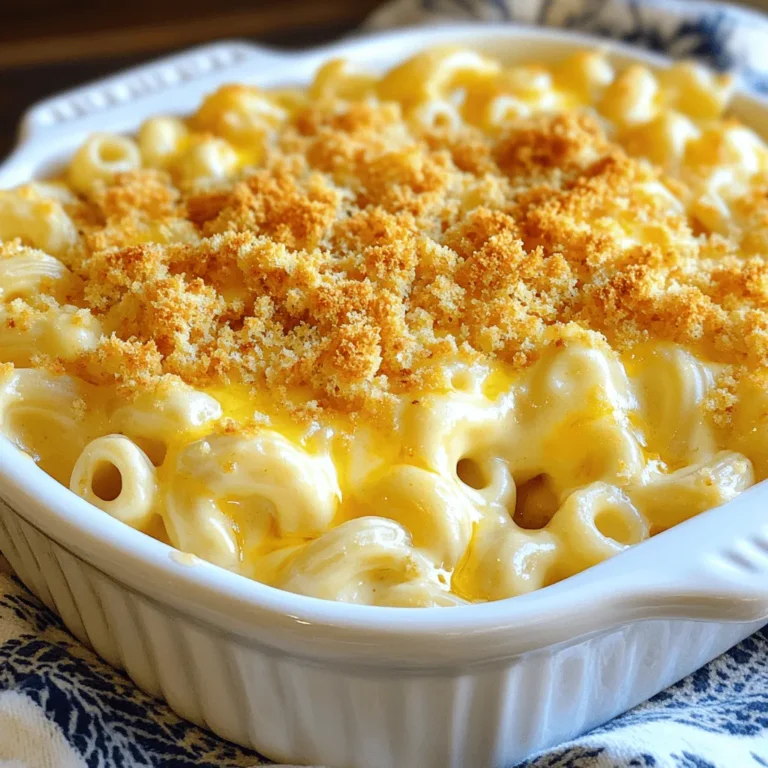 Making a great mac and cheese starts with the right ingredients. Here's what you need: - 8 ounces elbow macaroni - 2 tablespoons butter - 2 tablespoons all-purpose flour - 2 cups whole milk - 2 cups shredded sharp cheddar cheese - 1 cup shredded mozzarella cheese - 1 teaspoon Dijon mustard - 1/2 teaspoon garlic powder - 1/2 teaspoon onion powder - Salt and freshly ground black pepper to taste - 1/2 cup breadcrumbs - 2 tablespoons melted butter for topping Each ingredient plays a key role in building flavor and texture. The elbow macaroni provides a perfect shape for holding cheese sauce. Butter adds richness, while flour helps thicken the sauce. Whole milk gives the dish a creamy base. Sharp cheddar and mozzarella create a delicious flavor blend, making every bite satisfying. Dijon mustard adds a subtle tang. Garlic and onion powders enhance the overall taste. Salt and black pepper round out the flavors. Breadcrumbs topped with melted butter offer a nice crunch when baked. You can find the full recipe to guide you through making this comforting dish. Enjoy the cooking process! Start by bringing a large pot of salted water to a boil. This is key to good pasta. Once the water boils, add 8 ounces of elbow macaroni. Cook the pasta for 7 to 9 minutes. You want it al dente, so check it a minute early. Drain the pasta in a colander and set it aside. In the same pot, melt 2 tablespoons of butter over medium heat. When the butter melts, sprinkle in 2 tablespoons of all-purpose flour. Whisk this mix for 1 to 2 minutes. You want it to turn a light golden color. This roux will help thicken your cheese sauce. Slowly pour in 2 cups of whole milk while whisking. Stir for about 3 to 5 minutes. The mix should become smooth and creamy. Next, lower the heat and add 2 cups of shredded sharp cheddar and 1 cup of shredded mozzarella cheese. Stir until all the cheese melts. Then, mix in 1 teaspoon of Dijon mustard, 1/2 teaspoon of garlic powder, and 1/2 teaspoon of onion powder. Season with salt and black pepper to taste. Add the cooked macaroni back into the cheese sauce. Gently fold the pasta into the sauce. Make sure every piece is well-coated with that creamy goodness. Preheat your oven to 350°F (175°C). Carefully transfer the mac and cheese mix into a lightly greased baking dish. Spread it evenly. This step helps with even cooking. In a small bowl, mix 1/2 cup of breadcrumbs with 2 tablespoons of melted butter. This adds a nice crunch. Sprinkle the breadcrumb mix evenly over the top of the mac and cheese. Bake it in the oven for 20 to 25 minutes. Look for a golden brown topping to know it's done. For the full recipe, check out the Creamy Dreamy Mac and Cheese section. Choosing the right cheese blend is key. I love using sharp cheddar and mozzarella. Sharp cheddar gives strong flavor. Mozzarella adds stretch and creaminess. You can mix in some gouda or fontina for more depth. Just make sure to shred your cheese fresh. Pre-shredded cheese has additives that can make the sauce grainy. To maintain a creamy texture, it’s important to whisk often. Start with a smooth roux by mixing flour with butter. Then, add milk slowly while whisking. This helps avoid lumps. Keep stirring until you see a thick sauce. If it gets too thick, add a splash more milk. For the breadcrumb topping, use fresh breadcrumbs instead of dried ones. Fresh breadcrumbs soak up more butter and crisp nicely. Mix them with melted butter to coat each piece. You can also add herbs or spices for extra flavor. Cooking time adjustments can help you get a crispier top. Bake your mac and cheese until the top is golden brown. Watch it closely, as ovens can vary. If you want extra crunch, broil it for a minute or two at the end. Just don’t walk away! Elevate your mac and cheese with garnishes. A sprinkle of chopped parsley or chives adds a fresh touch. You can even add some crispy bacon bits for a savory twist. For pairings, I suggest a light salad or steamed vegetables. Their freshness balances the rich cheese. You could also serve it with a side of grilled chicken or pork for a heartier meal. Enjoy your creamy dream with family and friends! For the full recipe, check out the Creamy Dreamy Mac and Cheese section. {{image_4}} You can change the cheese for a new taste. Try gouda for a smokier flavor. Blue cheese adds a nice tang. You can mix cheeses too. Combining cheddar and Monterey Jack works great. Each cheese brings a unique twist to the dish. Adding protein makes mac and cheese heartier. Bacon gives a salty crunch that many love. Cook the bacon first, then chop it up. You can also add cooked chicken for a filling meal. For a veggie option, toss in spinach or mushrooms. They add nutrients and flavor without meat. Spices can boost the flavor of your mac and cheese. A pinch of nutmeg adds warmth. Cayenne pepper gives it a little heat. You can even add sauces for fun. A splash of hot sauce brings tang. Mixing in some BBQ sauce adds sweetness. With these options, you can create your perfect dish. Check the full recipe for more ideas! To keep your mac and cheese fresh, store it in the fridge. Place it in an airtight container. This will help it stay tasty for about three to four days. When you put it in the fridge, let it cool first to avoid warm air. For longer storage, you can freeze it. Divide the mac and cheese into smaller portions. Use freezer-safe bags or containers. It can last up to three months in the freezer. When reheating, aim to keep the texture creamy. The best way is to use the oven. Preheat your oven to 350°F (175°C). Place the mac and cheese in a baking dish. Add a splash of milk to help with moisture. Cover it with foil to prevent drying out. Bake for about 20 minutes. You can also reheat it on the stovetop. Use low heat and stir often. Add a bit of milk if it gets too thick. Enjoy your warm, cheesy dish just like fresh! For the full recipe, check out the Creamy Dreamy Mac and Cheese . For the best mac and cheese, I suggest using sharp cheddar and mozzarella. - Sharp cheddar gives a rich and tangy flavor. - Mozzarella adds creaminess and stretch. - You can also try gouda for a smoky taste. - Mixing different cheeses can create a yummy blend. Yes, you can use gluten-free macaroni! - Look for options made from rice or corn. - Cook them according to package instructions. - Gluten-free pasta may need a bit less cooking time. - Adjust the cheese sauce for taste and texture. Homemade mac and cheese lasts about 3-5 days in the fridge. - Store it in an airtight container. - Check for any signs of spoilage before eating. - You can freeze it for up to two months if needed. You can make mac and cheese ahead of time! - Prepare it fully, then cover and refrigerate. - Bake it later, adding a few extra minutes to the time. - This way, you can enjoy it fresh and hot. Many sides pair nicely with mac and cheese. - Try a fresh salad for crunch and color. - Roasted vegetables add nutrition and flavor. - Grilled chicken or sausage complements the dish well. Mac and cheese has a rich history! - It dates back to the 1700s in Italy. - The first recipe appeared in a book by a chef. - It became popular in America in the 1930s. - Today, it’s a beloved comfort food worldwide. For the full recipe, check out the complete steps to create your creamy dream! We covered how to make creamy, delicious mac and cheese from scratch. You learned to choose the right ingredients, cook pasta, and create a rich cheese sauce. We also explored tips for perfect texture and flavor variations. With these steps, you can impress anyone with your dish. Enjoy crafting your own version of this classic comfort food. Happy cooking!