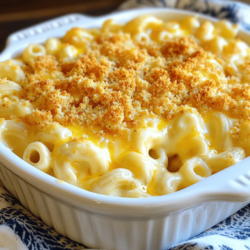 Making a great mac and cheese starts with the right ingredients. Here's what you need: - 8 ounces elbow macaroni - 2 tablespoons butter - 2 tablespoons all-purpose flour - 2 cups whole milk - 2 cups shredded sharp cheddar cheese - 1 cup shredded mozzarella cheese - 1 teaspoon Dijon mustard - 1/2 teaspoon garlic powder - 1/2 teaspoon onion powder - Salt and freshly ground black pepper to taste - 1/2 cup breadcrumbs - 2 tablespoons melted butter for topping Each ingredient plays a key role in building flavor and texture. The elbow macaroni provides a perfect shape for holding cheese sauce. Butter adds richness, while flour helps thicken the sauce. Whole milk gives the dish a creamy base. Sharp cheddar and mozzarella create a delicious flavor blend, making every bite satisfying. Dijon mustard adds a subtle tang. Garlic and onion powders enhance the overall taste. Salt and black pepper round out the flavors. Breadcrumbs topped with melted butter offer a nice crunch when baked. You can find the full recipe to guide you through making this comforting dish. Enjoy the cooking process! Start by bringing a large pot of salted water to a boil. This is key to good pasta. Once the water boils, add 8 ounces of elbow macaroni. Cook the pasta for 7 to 9 minutes. You want it al dente, so check it a minute early. Drain the pasta in a colander and set it aside. In the same pot, melt 2 tablespoons of butter over medium heat. When the butter melts, sprinkle in 2 tablespoons of all-purpose flour. Whisk this mix for 1 to 2 minutes. You want it to turn a light golden color. This roux will help thicken your cheese sauce. Slowly pour in 2 cups of whole milk while whisking. Stir for about 3 to 5 minutes. The mix should become smooth and creamy. Next, lower the heat and add 2 cups of shredded sharp cheddar and 1 cup of shredded mozzarella cheese. Stir until all the cheese melts. Then, mix in 1 teaspoon of Dijon mustard, 1/2 teaspoon of garlic powder, and 1/2 teaspoon of onion powder. Season with salt and black pepper to taste. Add the cooked macaroni back into the cheese sauce. Gently fold the pasta into the sauce. Make sure every piece is well-coated with that creamy goodness. Preheat your oven to 350°F (175°C). Carefully transfer the mac and cheese mix into a lightly greased baking dish. Spread it evenly. This step helps with even cooking. In a small bowl, mix 1/2 cup of breadcrumbs with 2 tablespoons of melted butter. This adds a nice crunch. Sprinkle the breadcrumb mix evenly over the top of the mac and cheese. Bake it in the oven for 20 to 25 minutes. Look for a golden brown topping to know it's done. For the full recipe, check out the Creamy Dreamy Mac and Cheese section. Choosing the right cheese blend is key. I love using sharp cheddar and mozzarella. Sharp cheddar gives strong flavor. Mozzarella adds stretch and creaminess. You can mix in some gouda or fontina for more depth. Just make sure to shred your cheese fresh. Pre-shredded cheese has additives that can make the sauce grainy. To maintain a creamy texture, it’s important to whisk often. Start with a smooth roux by mixing flour with butter. Then, add milk slowly while whisking. This helps avoid lumps. Keep stirring until you see a thick sauce. If it gets too thick, add a splash more milk. For the breadcrumb topping, use fresh breadcrumbs instead of dried ones. Fresh breadcrumbs soak up more butter and crisp nicely. Mix them with melted butter to coat each piece. You can also add herbs or spices for extra flavor. Cooking time adjustments can help you get a crispier top. Bake your mac and cheese until the top is golden brown. Watch it closely, as ovens can vary. If you want extra crunch, broil it for a minute or two at the end. Just don’t walk away! Elevate your mac and cheese with garnishes. A sprinkle of chopped parsley or chives adds a fresh touch. You can even add some crispy bacon bits for a savory twist. For pairings, I suggest a light salad or steamed vegetables. Their freshness balances the rich cheese. You could also serve it with a side of grilled chicken or pork for a heartier meal. Enjoy your creamy dream with family and friends! For the full recipe, check out the Creamy Dreamy Mac and Cheese section. {{image_4}} You can change the cheese for a new taste. Try gouda for a smokier flavor. Blue cheese adds a nice tang. You can mix cheeses too. Combining cheddar and Monterey Jack works great. Each cheese brings a unique twist to the dish. Adding protein makes mac and cheese heartier. Bacon gives a salty crunch that many love. Cook the bacon first, then chop it up. You can also add cooked chicken for a filling meal. For a veggie option, toss in spinach or mushrooms. They add nutrients and flavor without meat. Spices can boost the flavor of your mac and cheese. A pinch of nutmeg adds warmth. Cayenne pepper gives it a little heat. You can even add sauces for fun. A splash of hot sauce brings tang. Mixing in some BBQ sauce adds sweetness. With these options, you can create your perfect dish. Check the full recipe for more ideas! To keep your mac and cheese fresh, store it in the fridge. Place it in an airtight container. This will help it stay tasty for about three to four days. When you put it in the fridge, let it cool first to avoid warm air. For longer storage, you can freeze it. Divide the mac and cheese into smaller portions. Use freezer-safe bags or containers. It can last up to three months in the freezer. When reheating, aim to keep the texture creamy. The best way is to use the oven. Preheat your oven to 350°F (175°C). Place the mac and cheese in a baking dish. Add a splash of milk to help with moisture. Cover it with foil to prevent drying out. Bake for about 20 minutes. You can also reheat it on the stovetop. Use low heat and stir often. Add a bit of milk if it gets too thick. Enjoy your warm, cheesy dish just like fresh! For the full recipe, check out the Creamy Dreamy Mac and Cheese . For the best mac and cheese, I suggest using sharp cheddar and mozzarella. - Sharp cheddar gives a rich and tangy flavor. - Mozzarella adds creaminess and stretch. - You can also try gouda for a smoky taste. - Mixing different cheeses can create a yummy blend. Yes, you can use gluten-free macaroni! - Look for options made from rice or corn. - Cook them according to package instructions. - Gluten-free pasta may need a bit less cooking time. - Adjust the cheese sauce for taste and texture. Homemade mac and cheese lasts about 3-5 days in the fridge. - Store it in an airtight container. - Check for any signs of spoilage before eating. - You can freeze it for up to two months if needed. You can make mac and cheese ahead of time! - Prepare it fully, then cover and refrigerate. - Bake it later, adding a few extra minutes to the time. - This way, you can enjoy it fresh and hot. Many sides pair nicely with mac and cheese. - Try a fresh salad for crunch and color. - Roasted vegetables add nutrition and flavor. - Grilled chicken or sausage complements the dish well. Mac and cheese has a rich history! - It dates back to the 1700s in Italy. - The first recipe appeared in a book by a chef. - It became popular in America in the 1930s. - Today, it’s a beloved comfort food worldwide. For the full recipe, check out the complete steps to create your creamy dream! We covered how to make creamy, delicious mac and cheese from scratch. You learned to choose the right ingredients, cook pasta, and create a rich cheese sauce. We also explored tips for perfect texture and flavor variations. With these steps, you can impress anyone with your dish. Enjoy crafting your own version of this classic comfort food. Happy cooking!
