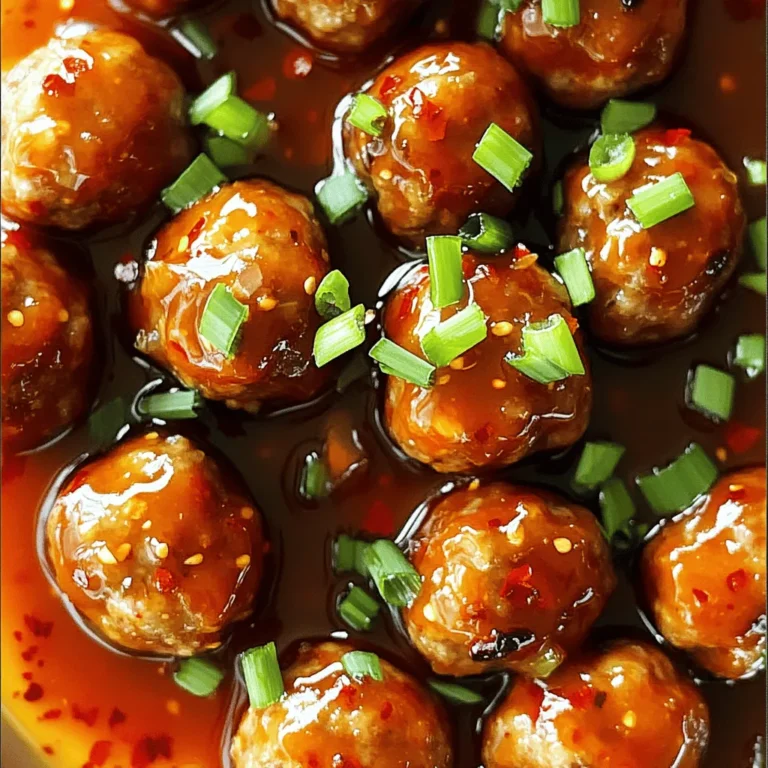 - 1 lb ground beef (or turkey) - 1/2 cup breadcrumbs - 1/4 cup grated Parmesan cheese - 1 large egg - 2 cloves garlic, finely minced - 1 teaspoon onion powder - 1 teaspoon salt - 1/2 teaspoon freshly ground black pepper - 1/4 teaspoon red pepper flakes - 1/2 cup sweet chili sauce - 2 tablespoons sriracha (or to taste) - 1 tablespoon soy sauce - 1 tablespoon sesame oil Gather these ingredients to create sweet and spicy meatballs. Use ground beef or turkey for protein. Breadcrumbs and Parmesan cheese add texture. An egg binds the mix together. Garlic, onion powder, salt, black pepper, and red pepper flakes provide great flavor. Adjust the red pepper flakes based on how spicy you want your meatballs. For the sauce, you need sweet chili sauce for sweetness. Sriracha brings the heat, and soy sauce adds depth. Sesame oil gives a nice finish. Once you have all these ingredients, you’re ready to make a dish that bursts with flavor. Don't forget to check the full recipe for the cooking steps! Start by taking a large mixing bowl. Add the ground beef or turkey. Then, toss in the breadcrumbs and Parmesan cheese. Crack the large egg into the bowl next. Add the minced garlic, onion powder, salt, black pepper, and red pepper flakes. Use your hands or a spoon to mix everything gently. Be careful not to overmix. Overmixing can make the meatballs tough. You want them tender and juicy. Once mixed, preheat your oven to 400°F (200°C). Now, take a small amount of the mixture. Roll it into a ball about 1 inch wide. Place each meatball on a baking sheet lined with parchment paper. This will help keep them from sticking. Make sure to leave some space between each meatball. Bake them for 20 to 25 minutes. They should be golden brown and cooked through. Check that they reach an internal temperature of 160°F (70°C). While the meatballs bake, it’s time for the sauce. Grab a small saucepan and combine the sweet chili sauce, sriracha, soy sauce, and sesame oil. Heat the mix over medium-low heat. Stir it occasionally until it warms through. This will help blend the flavors nicely. Once the meatballs are ready, transfer them to a bowl. Pour the warm sauce over the top. Toss gently to coat each meatball. This step makes them extra tasty! For the complete recipe, check out the Full Recipe. To get the right taste, adjust the spice level with red pepper flakes. If you want it spicier, add more flakes. For a sweeter dish, increase the amount of sweet chili sauce. This sauce gives it a nice kick and a sweet finish. Keep an eye on the internal temperature of the meatballs. They should reach 160°F (70°C) to be safe to eat. You can bake or fry them, but I prefer baking. It keeps the meatballs juicy and makes cleanup easy. Serve the meatballs on a decorative platter for a fun look. Use toothpicks for easy serving. Drizzle extra sauce over the top to make them even more appealing. For a fresh touch, sprinkle chopped green onions on top. These small details make your dish shine! Check out the Full Recipe for more ideas. {{image_4}} You can change the type of meat you use for your meatballs. Ground turkey or chicken work well. They give a lighter taste and are lower in fat. You can also make meatballs without meat. Use beans, lentils, or mushrooms to create a hearty vegetarian option. These alternatives are tasty and full of flavor. They soak up the sauce nicely, just like meat does. You can switch up the sauce to change the flavor. Try teriyaki sauce for a sweeter taste. You can also add herbs like basil or cilantro for a fresh kick. Other spices, like cumin or paprika, can add depth. Experiment with these options to find your favorite mix. You can create a unique flavor that fits your mood. Sweet and spicy meatballs pair well with many side dishes. Serve them over rice or noodles for a filling meal. You can also add a fresh salad or steamed veggies for balance. Dips like ranch or blue cheese complement the meatballs too. They make great appetizers at parties. These choices let you enjoy the meatballs in different ways. You can find the full recipe to create these variations and more! To keep your sweet and spicy meatballs fresh, you should store them properly. Place the leftover meatballs in an airtight container. You can refrigerate them for up to three days. If you want to keep them longer, freezing is a great option. To freeze, arrange the meatballs in a single layer on a baking sheet. Once they are frozen solid, transfer them to a freezer-safe bag. They can last up to three months in the freezer. When it comes to reheating, you have a few good options. The best method is to use an oven. Preheat it to 350°F (175°C). Place the meatballs on a baking sheet and cover them with foil. Heat them for about 15-20 minutes or until warm. If you’re short on time, you can use the microwave. Place the meatballs in a bowl and cover with a damp paper towel. Heat in short bursts of 30 seconds until heated through. To keep your meatballs moist, add a splash of water or sauce before reheating. This will help them stay juicy and flavorful. Enjoy your delicious leftovers! If you want the complete recipe for these meatballs, check out the Full Recipe section. To make meatballs tender, start by mixing the ingredients gently. Use your hands or a spoon to combine everything. Overmixing can make the meatballs tough. Bake them at the right temperature, around 400°F (200°C), for about 20-25 minutes. This ensures they cook through without drying out. Yes, you can prepare these sweet and spicy meatballs ahead of time. Mix the meatball ingredients and form them into balls. Place them on a baking sheet, cover with plastic wrap, and store them in the fridge for up to a day. You can also freeze them. Just bake them straight from the freezer, adding a few extra minutes to the cooking time. These meatballs go well with many side dishes. Serve them over rice or noodles for a hearty meal. You can also pair them with a crisp salad or steamed vegetables. For a fun twist, try them as appetizers with toothpicks. They also taste great with dips like ranch or blue cheese. Absolutely! You can control the spice level by adjusting the red pepper flakes and sriracha. If you prefer less heat, reduce these ingredients. For more spice, add a bit more. Taste the sauce while mixing it to find the perfect balance for your palate. This blog post covered the key steps to making sweet and spicy meatballs. You learned about the main ingredients, how to mix, shape, and bake them, as well as tips for flavor and presentation. We discussed variations and storage options too. Meatballs can fit any meal with the right sauce or meat. Now, you can impress your friends and family with your cooking skills. Get started and enjoy the tasty results!