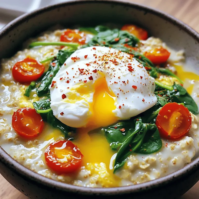 - 1 cup rolled oats - 2 cups vegetable broth - 1 cup fresh spinach, chopped Savory oatmeal starts with simple but healthy ingredients. Rolled oats are the base. They cook well and become creamy. Vegetable broth adds flavor and richness. Fresh spinach brings color and nutrients. - 1/2 cup cherry tomatoes, halved - 1 poached egg for extra protein You can add cherry tomatoes for a burst of sweetness. A poached egg gives extra protein and a rich taste. Both options make your dish more exciting and filling. - 1 tablespoon olive oil - 1 garlic clove, minced - Salt and pepper to taste - 1 tablespoon nutritional yeast (optional) - 1/4 teaspoon red pepper flakes (optional) Olive oil and garlic are key for flavor. They create a lovely aroma as you cook. Adding salt and pepper helps balance the taste. Nutritional yeast adds a cheesy flavor if you want it. Red pepper flakes can spice things up, so use them if you like heat. This mix of ingredients makes savory oatmeal a fantastic breakfast. Try the full recipe for a warm, tasty meal! - Sautéing the Garlic: Start by warming olive oil in a medium saucepan over medium heat. Add the minced garlic and sauté for about 1 minute. Stir it often to avoid burning. You want the garlic fragrant, not charred, as burnt garlic tastes bitter. - Toasting the Oats: Next, add the rolled oats to the pan. Toast them in the garlic oil for around 2 minutes. Stir continuously to coat the oats well. This adds a deep flavor and aroma, making your dish even better. - Bringing the Broth to a Simmer: Now, pour in the vegetable broth. Turn up the heat until it reaches a gentle simmer. This step is crucial as it helps the oats absorb the broth's flavor. - Cooking the Oats to Perfection: Once simmering, reduce the heat to low. Cook the oats for 5-7 minutes while stirring occasionally. You want them tender and for most of the liquid to be absorbed. - Incorporating the Spinach and Tomatoes: When the oats are cooked to your liking, add the chopped spinach and halved cherry tomatoes. Cook for an extra 2-3 minutes. The spinach should wilt, and the tomatoes will warm up nicely. - Seasoning the Dish for Flavor: Finally, sprinkle in red pepper flakes if you like spice, and add nutritional yeast for a cheesy taste. Season with salt and pepper to your liking. Mix everything well to combine all the flavors. For the full recipe, refer to the earlier section. Enjoy your savory oatmeal! To get the best texture, you can change the cooking time. If you like your oatmeal creamy, cook it longer. If you want it more firm, reduce the time. Start with the basic 5-7 minutes and adjust as needed. You can also try different broth types. Vegetable broth adds a nice flavor, but chicken broth works too. Each type of broth gives a unique taste to your oatmeal. Seasoning is key to making your oatmeal shine. A mix of salt, pepper, and red pepper flakes creates a great base. You can also add herbs like thyme or basil for a fresh twist. For oils, olive oil is a fantastic choice. It adds richness and depth. If you want a different flavor, try sesame oil or coconut oil. These can change your dish into something special. Garnishing your dish makes it look even better. A sprinkle of nutritional yeast gives it a cheesy touch. A drizzle of olive oil adds shine and flavor. Pair your savory oatmeal with a side of fresh fruit or a smoothie. These add color and balance to your plate. You can also serve it with toast for a complete meal. Enjoy your savory oatmeal warm and beautiful! {{image_4}} Different Leafy Greens to Try You can swap spinach for other greens. Kale works well and adds a nice crunch. Swiss chard or arugula can also be great choices. They each bring unique flavors and nutrients. Experiment with what you have on hand. Vegan and Gluten-Free Options For a vegan option, skip the poached egg. Use vegetable broth to keep it gluten-free. Oats are naturally gluten-free, but check the label to be sure. Nutritional yeast adds a cheesy flavor without dairy, making it a great choice. Spicy vs. Mild Oatmeal Want a kick? Add red pepper flakes for heat. If you prefer mild, skip the spice. You can also try a dash of hot sauce at the end. This lets you control the heat based on your taste. Herb and Spice Combinations for a Twist Fresh herbs like basil or parsley can brighten the dish. Try adding thyme or oregano for an earthy flavor. A pinch of cumin can also add depth. Mix and match spices to find your favorite blend! Portion Control Tips For smaller portions, use half the ingredients. This works well for a light meal or snack. You can also serve it in smaller bowls for a more elegant presentation. Scaling the Recipe for Meal Prep To make a big batch, double or triple the recipe. Store leftovers in the fridge for up to three days. Reheat in the microwave or stovetop for a quick meal. This makes meal prep easy and delicious! For the complete recipe, check the Full Recipe section. To keep your savory oatmeal with spinach fresh, store it in the fridge. Use an airtight container. Your leftovers will stay good for about 3 to 5 days. If you want to keep it longer, freezing is a good option. Just make sure to let it cool completely before placing it in a freezer-safe container. Frozen oatmeal can last up to 3 months. You can reheat your oatmeal in two ways: the microwave or the stovetop. For the microwave, place it in a bowl and cover it with a damp paper towel. Heat in 30-second bursts, stirring in between until warm. For the stovetop, add a splash of broth or water to a pan. Heat it on low, stirring gently. This helps maintain its creamy texture. Each ingredient in your savory oatmeal has a different shelf life: - Rolled oats: Lasts about 1-2 years if stored in a cool, dry place. - Vegetable broth: Unopened, it can last up to 1 year. Once opened, use it within 4-5 days in the fridge. - Fresh spinach: Best when used within 3-5 days. Look for wilted leaves as a sign of spoilage. - Cherry tomatoes: Can last about 1 week in the fridge. Watch for soft spots or mold. By keeping an eye on these signs, you can enjoy your tasty meals safely. For the full recipe, check out the earlier sections. Can you make savory oatmeal ahead of time? Yes, you can make savory oatmeal ahead of time. Just cook the oats as per the recipe. Cool them down, then store in the fridge. When ready to eat, just reheat and add fresh toppings. What can I substitute for spinach? If you can't find spinach, try kale or Swiss chard. Both greens add flavor and nutrients. You can also use frozen spinach; just thaw it before adding. Is savory oatmeal healthy? Savory oatmeal is very healthy. It has whole grains, fiber, and vitamins. The added veggies boost nutrition. Plus, you can control the seasonings and oils, making it a smart choice. How many calories are in savory oatmeal with spinach? A serving of savory oatmeal with spinach has about 300-400 calories. The exact number depends on your toppings. If you add a poached egg, the protein adds some calories. How to properly poach an egg? To poach an egg, bring water to a gentle simmer. Crack the egg into a small bowl. Create a gentle swirl in the water, then slip the egg in. Cook for about 3-4 minutes for a soft yolk. What are the best cooking methods for oatmeal? The best methods for cooking oatmeal are stovetop and microwave. Stovetop gives you control over texture. Microwave is quick and easy but watch it closely to prevent overflow. This blog post explored how to make delicious savory oatmeal. We covered key ingredients like oats, spinach, and vegetable broth. You learned step-by-step instructions for cooking and enhancing flavors. Tips helped you perfect the texture and adjust spices to suit your taste. In the end, savory oatmeal offers a nutritious and versatile meal option. Enjoy experimenting with different ingredients and flavors! It's a tasty dish that can fit many diets. Dive into creating your own unique version for breakfast or lunch!