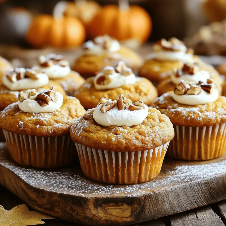 To make these tasty muffins, you need some key items. Here’s what you will use: - 1 cup all-purpose flour - 1 teaspoon baking powder - 1/2 teaspoon baking soda - 1/2 teaspoon salt - 1 teaspoon ground cinnamon - 1/2 teaspoon ground nutmeg - 1/4 teaspoon ground ginger - 1/2 cup granulated sugar - 1/2 cup packed brown sugar - 1/2 cup vegetable oil - 2 large eggs, at room temperature - 1 cup pumpkin puree (canned or fresh) - 1 teaspoon vanilla extract - 4 oz cream cheese, softened - 1 tablespoon powdered sugar (for cream cheese filling) These ingredients work together to create a moist and flavorful muffin that everyone loves. You can add special touches to make your muffins even better. Here are some optional ingredients: - Chopped pecans or walnuts for a crunchy topping - A pinch of allspice for extra warmth - Chocolate chips for a sweet twist Adding these ingredients can elevate your muffins and impress your friends and family. If you’re missing something, don’t worry! Here are some easy swaps: - Use whole wheat flour instead of all-purpose flour for a healthier option. - Replace vegetable oil with melted coconut oil for a different taste. - Substitute applesauce for the eggs to make the recipe egg-free. These substitutes keep your muffins delicious while fitting your needs. For the complete recipe, check out the Full Recipe. Start by preheating your oven to 350°F (175°C). Grab a 12-cup muffin tin. You can line it with paper liners or grease it lightly. In a medium bowl, whisk together the dry ingredients: 1 cup of all-purpose flour, 1 teaspoon baking powder, 1/2 teaspoon baking soda, 1/2 teaspoon salt, 1 teaspoon ground cinnamon, 1/2 teaspoon ground nutmeg, and 1/4 teaspoon ground ginger. This mix is crucial for great flavor and texture. In a larger bowl, mix the sugars and oil. Combine 1/2 cup granulated sugar, 1/2 cup packed brown sugar, and 1/2 cup vegetable oil. Stir until smooth. Then, add 2 large eggs, one at a time, mixing well after each. Next, stir in 1 cup of pumpkin puree and 1 teaspoon vanilla extract. This will make your batter creamy and rich. Now, slowly fold the dry mix into the wet mix. Use a spatula and mix gently. You want a few lumps here. Overmixing can make the muffins tough. For the cream cheese filling, take 4 ounces of softened cream cheese and mix it with 1 tablespoon of powdered sugar in a small bowl. Beat until smooth and creamy. This filling adds a lovely surprise to the muffins. Spoon the pumpkin batter into each muffin cup, filling them halfway. Add a generous teaspoon of the cream cheese filling in the center of each muffin. Then, top with more pumpkin batter to cover the filling. If you like, sprinkle chopped pecans or walnuts on top for extra crunch. Bake the muffins in the preheated oven for 18 to 20 minutes. To check if they're done, insert a toothpick into the muffin, avoiding the cream cheese. It should come out clean. After baking, let the muffins cool in the pan for about 5 minutes. Then, move them to a wire rack to cool completely. Enjoy the delightful aroma as they cool! For the full recipe, check the details above. To get the best muffin texture, start with room-temperature ingredients. This helps the batter mix better. Mix the dry and wet ingredients separately first. Then, fold them together gently. Overmixing will make muffins tough. You want a few lumps in the batter. This keeps the muffins light and fluffy. For a creamy filling, use softened cream cheese. Make sure there are no lumps. Mix it with powdered sugar until smooth. When you fill the muffins, add the cream cheese in the center. Then, cover it with more pumpkin batter. This keeps the filling from leaking out while baking. A few common mistakes can ruin your muffins. First, don’t skip the baking soda or powder. They help the muffins rise. Second, always measure your ingredients accurately. Too much flour can make your muffins dense. Lastly, keep an eye on the baking time. Every oven is different, so check for doneness with a toothpick. For the full recipe, follow the steps carefully to enjoy these muffins! {{image_4}} You can amp up the taste of your pumpkin cream cheese muffins by adding spices. Try using cloves or allspice for a warm kick. A pinch of cardamom also works well. You can mix these spices into the dry ingredients. This simple change can make your muffins even more special. If you want to cut sugar, use alternative sweeteners. Honey, maple syrup, or coconut sugar can work great. Just remember, if you use liquid sweeteners, reduce the oil a bit. This helps keep the batter the right texture. You can also try stevia for a zero-calorie option. Each sweetener brings a unique flavor to your muffins. To make gluten-free muffins, swap out regular flour for a gluten-free blend. Many blends work well in this recipe. You can use almond flour or coconut flour, but they need different liquid amounts. You might want to add a bit of xanthan gum for better texture. These changes ensure everyone can enjoy your tasty muffins. For the full recipe, check the section above! After you bake your pumpkin cream cheese muffins, let them cool. Place them in an airtight container to keep them fresh. You can store them at room temperature for up to three days. If you want them to last longer, consider refrigerating them. They will stay good in the fridge for about a week. Just make sure to seal the container well to avoid drying out. Freezing muffins is a great way to enjoy them later. Wrap each muffin in plastic wrap. Then, place them in a freezer-safe bag or container. Make sure to remove as much air as possible. You can freeze them for up to three months. When you’re ready to enjoy one, just take it out and let it thaw at room temperature. To enjoy your muffins warm, preheat your oven to 350°F (175°C). Place the muffins on a baking sheet for about 10 minutes. If you’re in a hurry, you can use the microwave. Heat each muffin for about 15-20 seconds. This will warm them without drying them out. Enjoy the rich pumpkin and cream cheese flavor as if they were just baked! Yes, you can use fresh pumpkin. To do this, first, wash and cut a pumpkin into chunks. Then, steam or roast the pieces until soft. Once cool, scoop out the flesh and mash it. Fresh pumpkin can taste richer than canned. Just make sure to measure it the same. To make these muffins vegan, you can swap the eggs with flax eggs. Mix one tablespoon of flaxseed meal with three tablespoons of water. Let it sit for five minutes to thicken. Also, replace the cream cheese with a vegan version. Use a plant-based oil instead of vegetable oil. These muffins pair well with many things. You can serve them with whipped cream or a drizzle of maple syrup. A hot cup of coffee or tea also makes a great match. For a fun twist, try adding a dollop of apple butter on top. Enjoy these muffins warm for the best taste. Check the Full Recipe for more serving ideas. Pumpkin cream cheese muffins are a treat you can easily make. We covered key ingredients and optional flavors to boost taste. The step-by-step instructions guide you through quick batter prep to perfect baking. I shared tips for great texture and common mistakes to avoid. You learned fun variations and how to store them well. With some creativity, you can make these muffins your own. Enjoy baking and sharing your muffins with friends and family. They’ll love them!